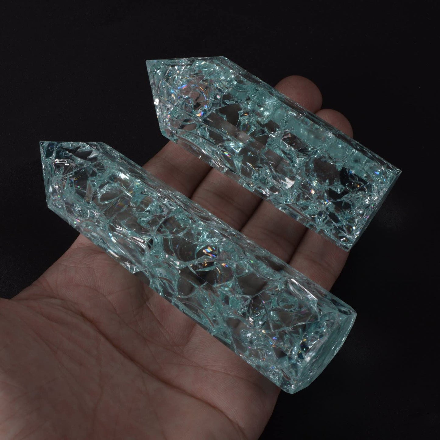 Synthetic Crackle Aqua Glass Crystal Hexagonal Pointed Tower Reiki Chakra Faceted Prism Wand Stone Home Decor
