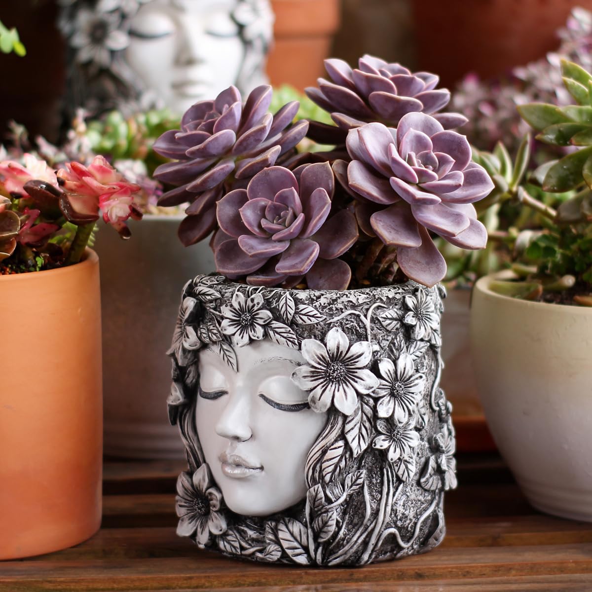 YOYLMAL Floral Face Planter Pot, 5.9” Resin Women's Head Succulent Planter for Indoor Outdoor Plants, Unique Flower Pot with Drainage Hole, Gifts for Women Mom