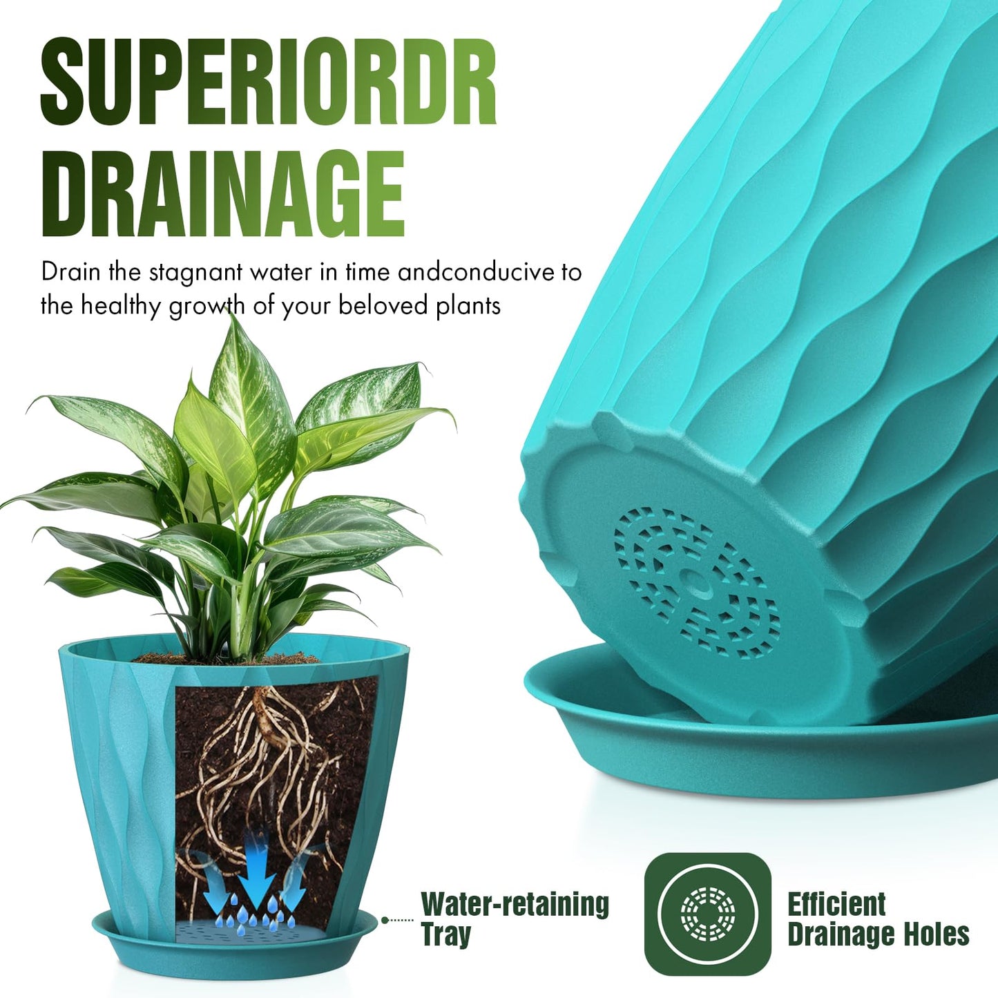 Areutxbis 8 Inch Wave Plant Pots with Drainage Holes & Saucers, 4 Pack Modern Textured Medium Planters for Indoor Outdoor Plants, Decorative Flower Pots Repotting Set for Flowers, Herbs (Blue)