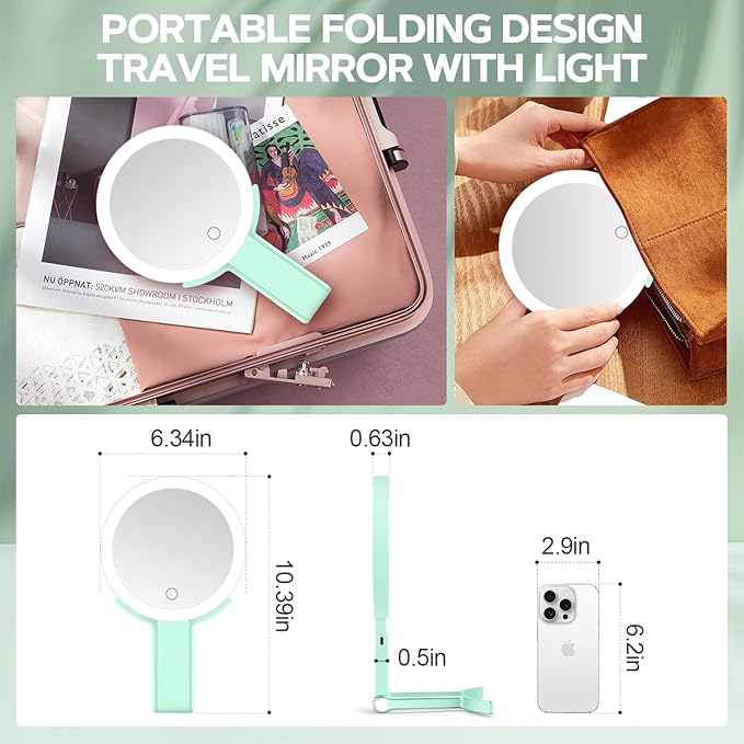 Lighted Makeup Mirror, 30X Magnifying Mirror with Light, Hanging and Handheld Mirror with Handle, Green