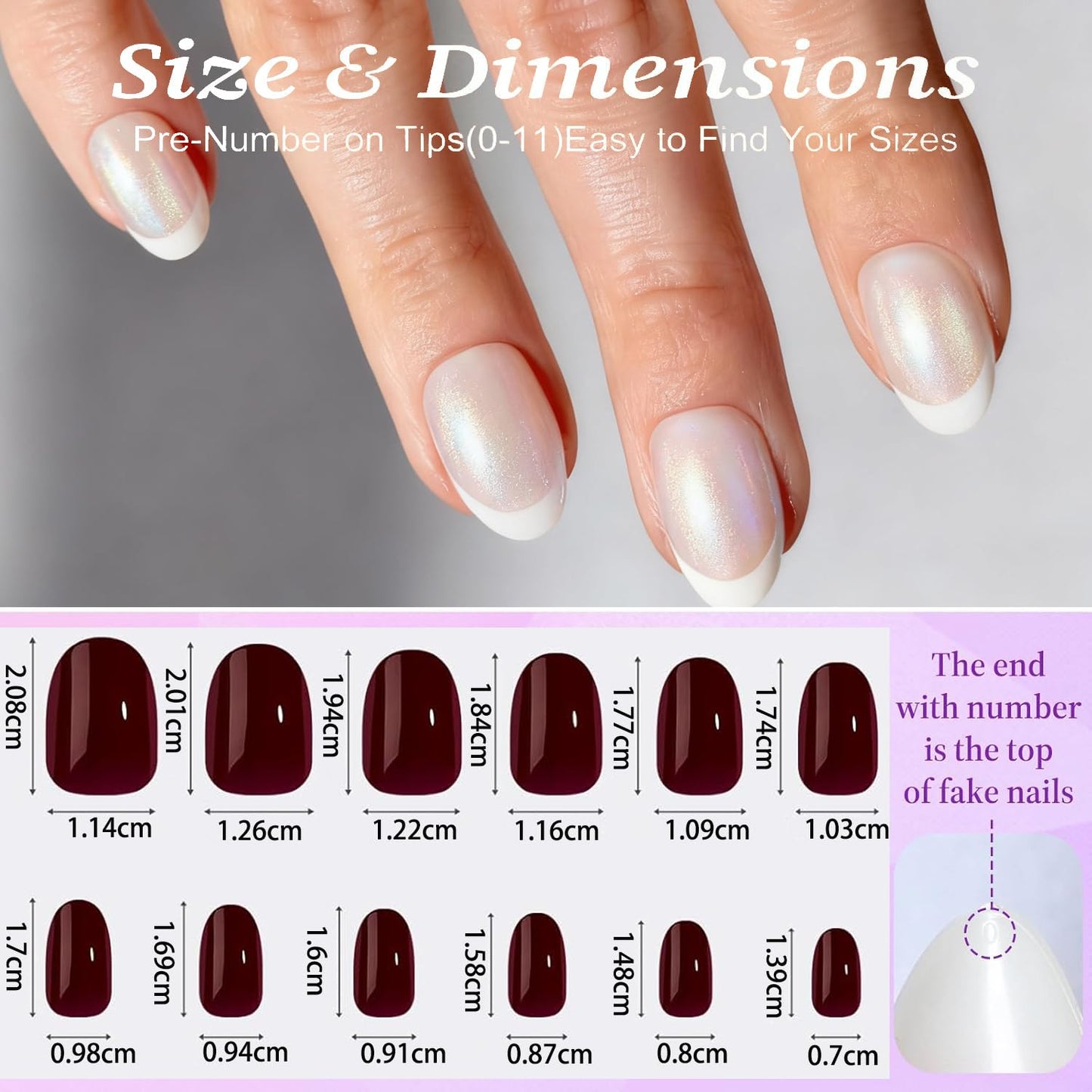 French Tip Press On Nails， Chrome Pearl White Short Reusable Stick On Nails in 12 Sizes - 24 Soft Gel Fake Nail Kit for Women