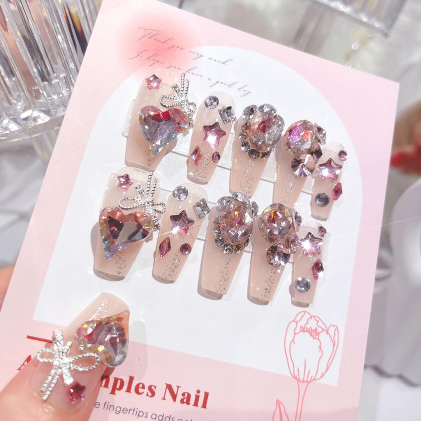 SINHOT Luxury Press on Nails - Long Coffin Fake Nails 3D Handmade Reusable False Nails with Rhinestone Designs,DIY Artificial Nail Art, 24pcs