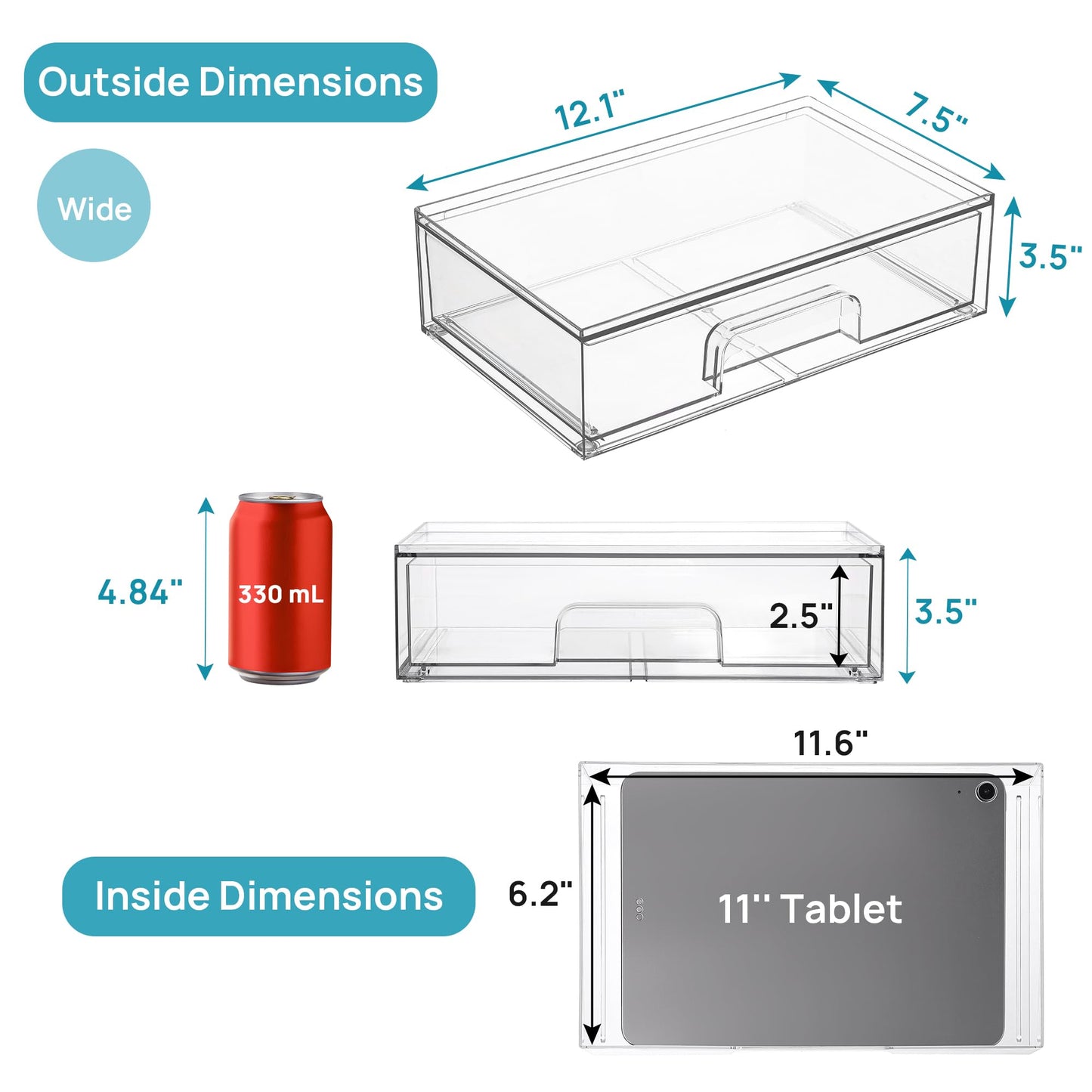 Vtopmart 12.1''W Clear Stackable Storage Drawers,2 Pack Acrylic Plastic Organizers Bins for Makeup Palettes, Cosmetics, and Beauty Supplies,Ideal for Vanity, Bathroom,Cabinet,Desk Organization