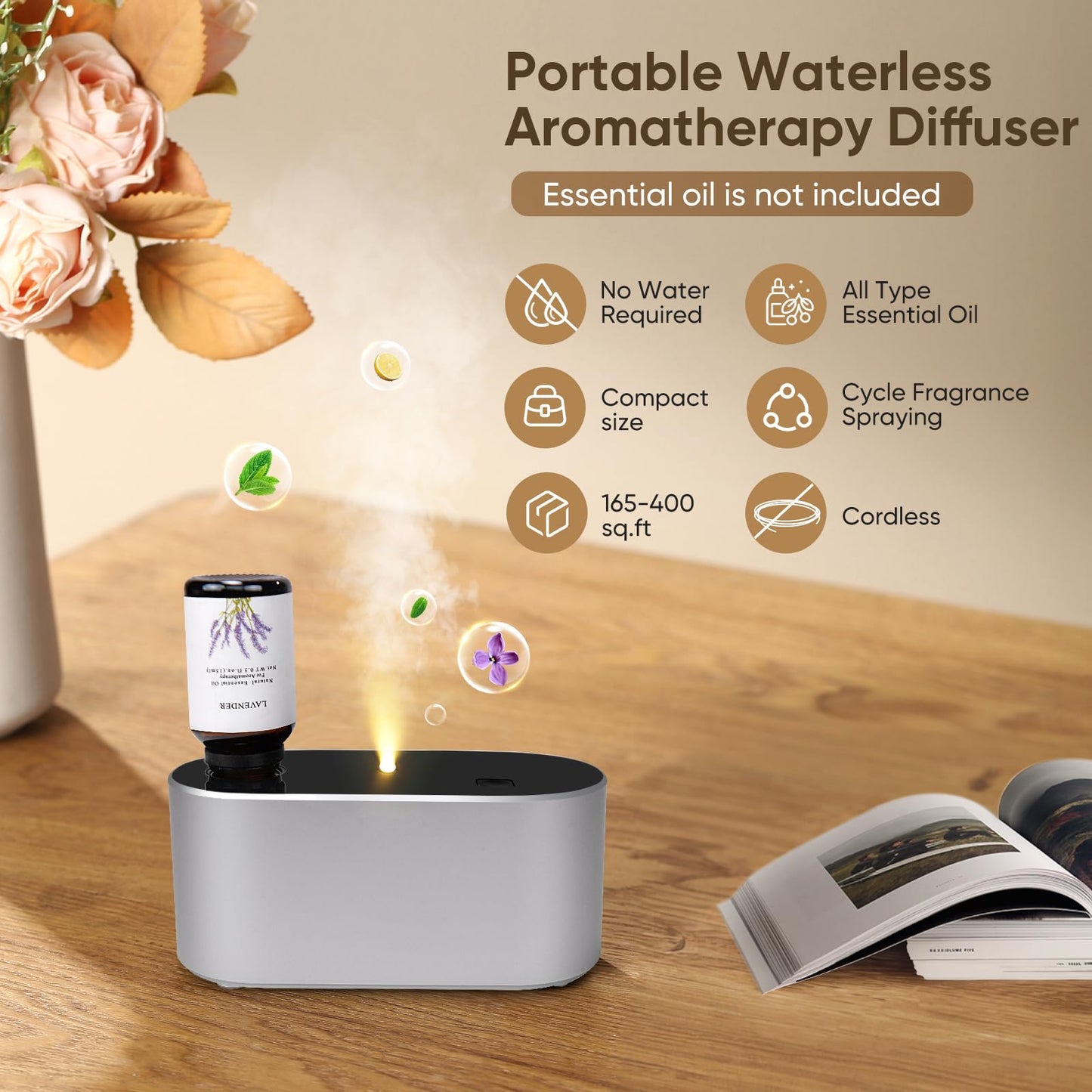 Waterless Diffuser for Home Essential Oil Diffuser, Aromatherapy Diffuser, Portable Scent Diffusers, 3 Mist Modes, Cycle Start for Bedroom, Office Studio 350-700 sq. ft Silver