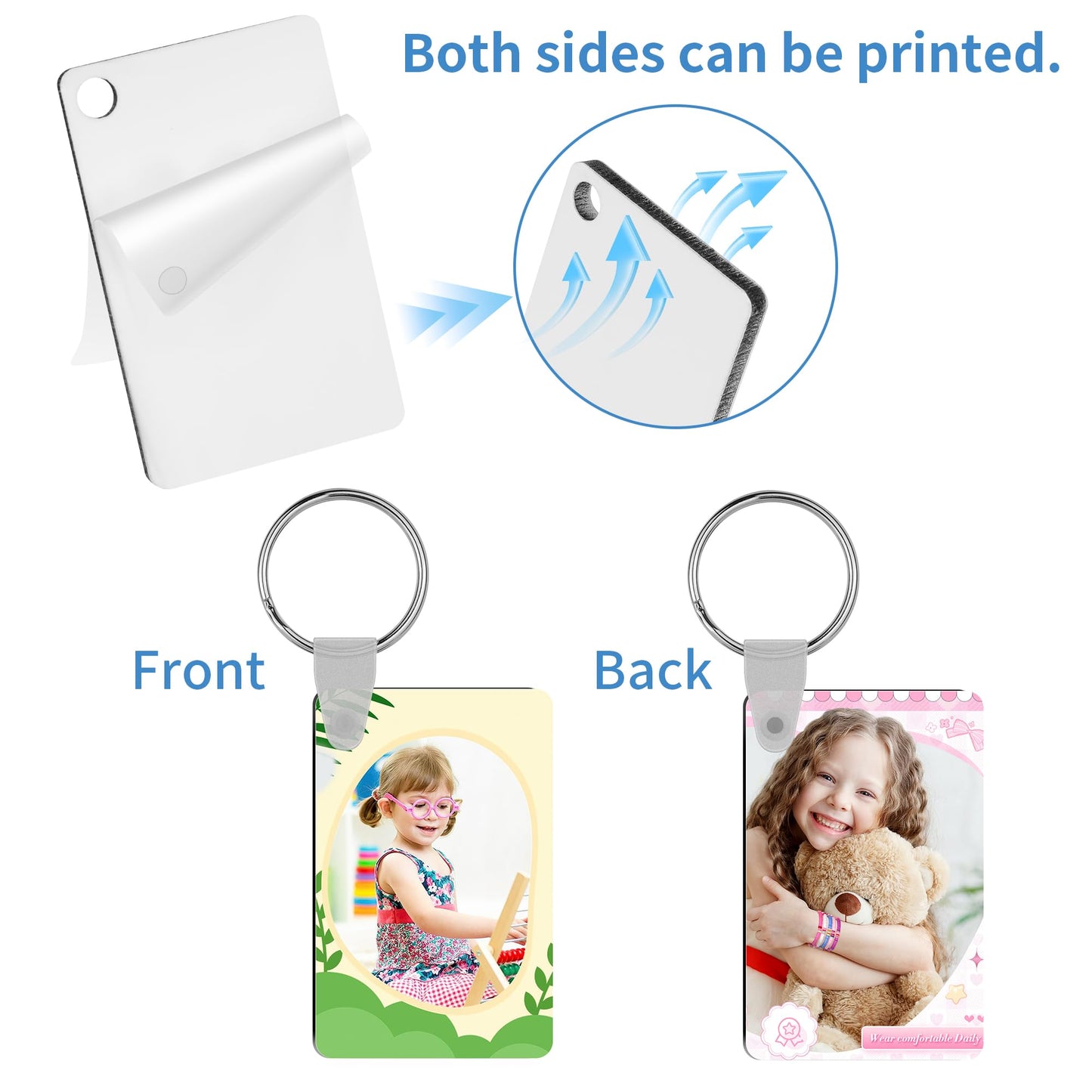Merkisa 150 Pcs Sublimation Keychain Blanks – Double-Sided Heat Transfer Blanks 50 Set with Rings & Clips, Clear Film– DIY Bulk Blank Keychains for Crafts, Personalized Gifts (Rectangle)