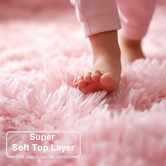Amdrebio Pink Round Area Rugs 7Ft for Girls Bedroom Decor, Fluffy Large Circle Rug for Living Room, Kids Room, Teen, Fuzzy Plush Carpets for Baby Nursery, Dorm, Classroom, Big Indoor Kawaii Play Rug