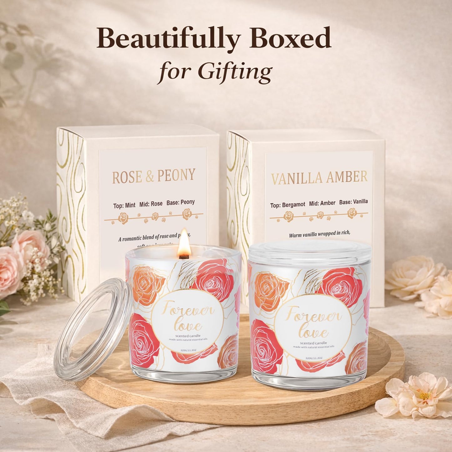 2 Pack Wood Wick Soy Wax Candle Gift Set for Women, Rose & Peony and Vanilla Amber, 11.3 Oz Each, Individually Boxed