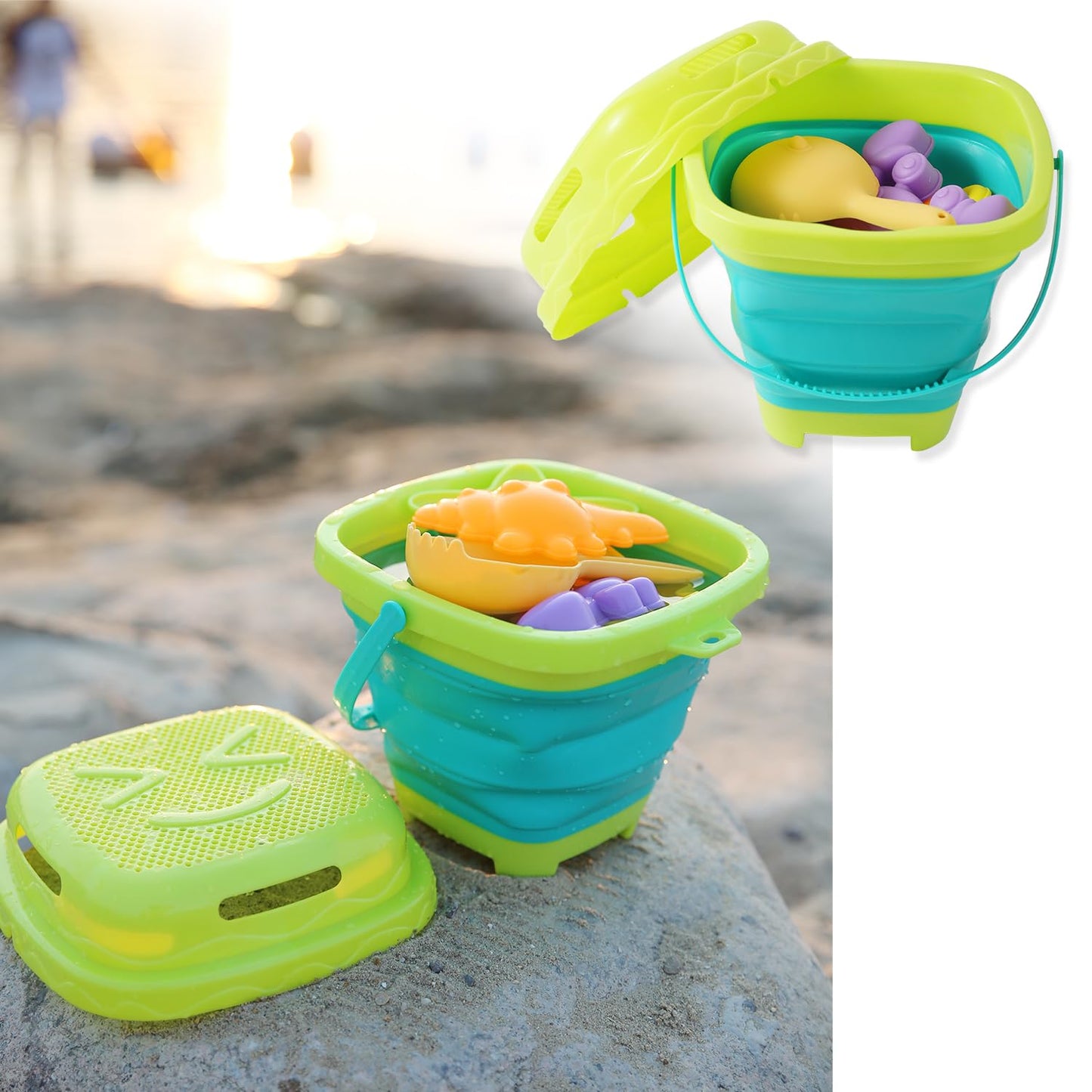 8 PCS Kids Foldable Pail Seabeach Sand Toys Sensory Playset, Portable Sandbox Digging Toys Including Bucket, Shovel, Spoon, 2 in 1 Shell Shark Teeth Sifter & Castle Building Sand Mold Kit for Children