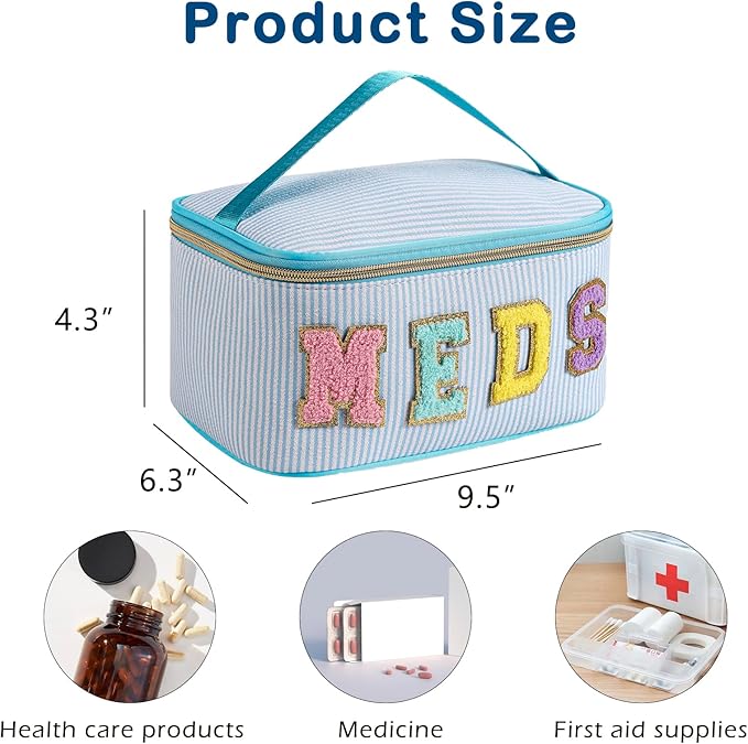 Chenille Letter MEDS Makeup Bag,Large Size Striped Medicine RX Cosmetic Bag with Top Handle, Aesthetic Seersucker First Aid Travel Organizer Bag for Women Girls(01Blue)