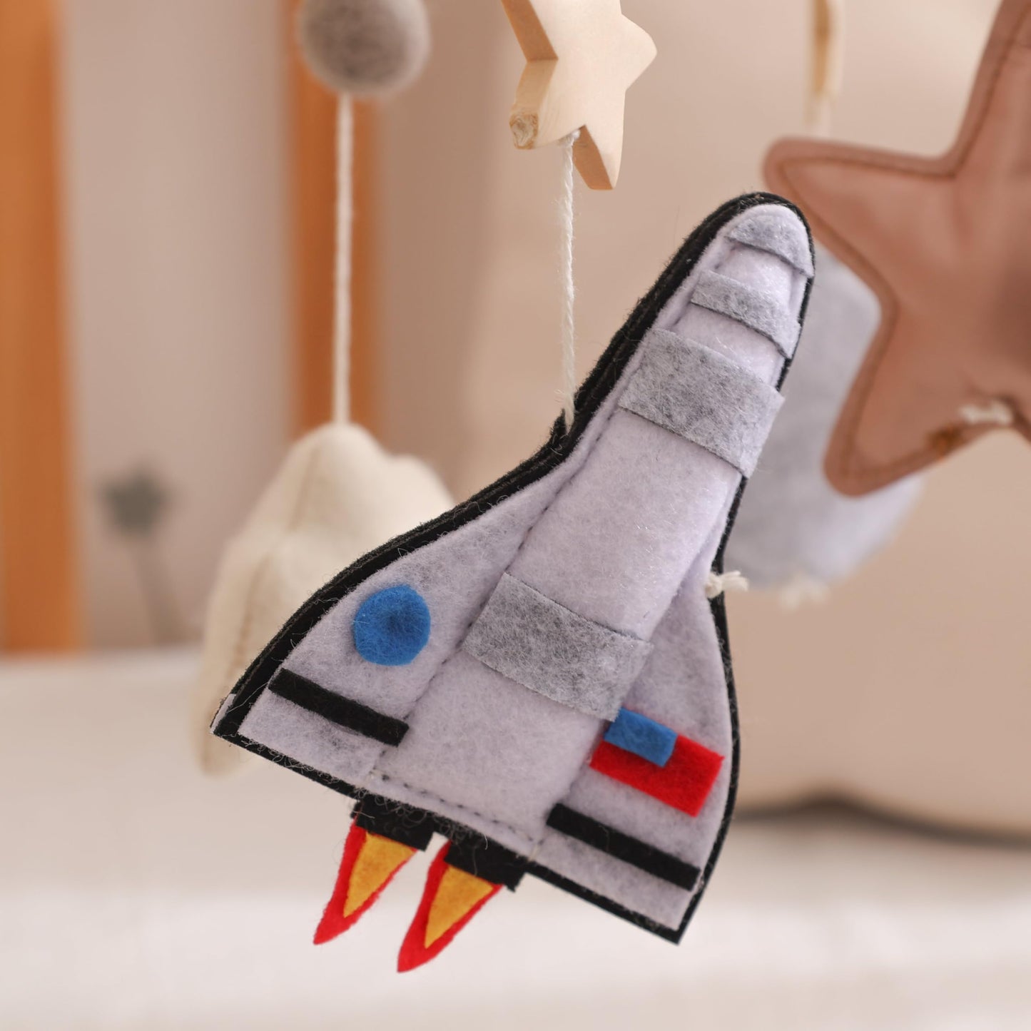 Baby Mobile for Crib – Handmade Space Baby Crib Mobile with Astronaut, Rocket & Planets, Nursery Mobiles Felt & Leather Hanging Toy with Beech Wood Ring, Mobile for Crib Bassinet Decor