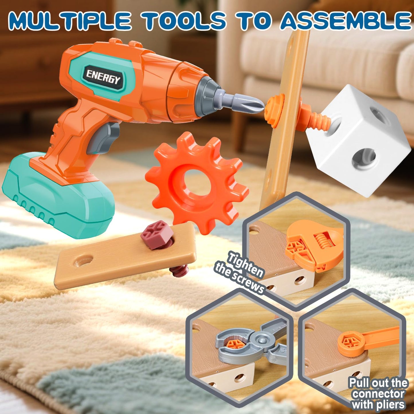 VEAIS Kids Tool Set with Drill,120Pcs Toddler Tool Set with ToolBench,Montessori Toy for 2+Year Old,Educational STEM Construction Toys for Ages 2-4,Pretend Play Toddler Toys 3-5 Year Old Birthday Gift
