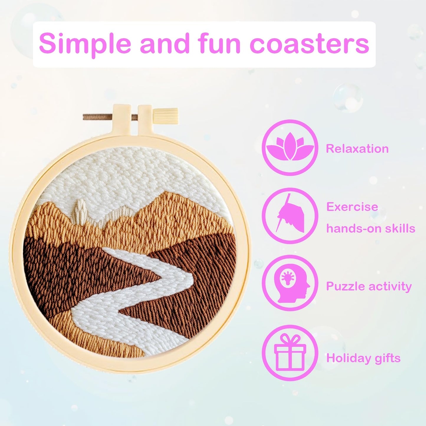 57lilina 6pcs Landscape Punch Needle Coaster Kit for Kids Beginners Adults, Complete Punch Needle Stitching Embroidery Art Coasters Kit for Kids Adult Beginner Punch Needling Coaster