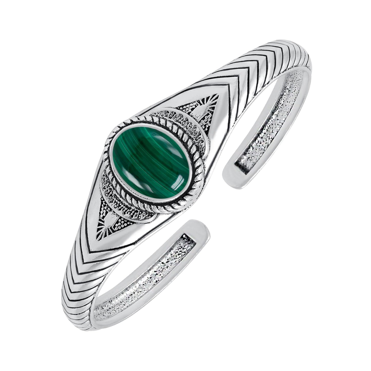 Malachite Cuff Bangle Bracelet for Men Women – Handmade 925 Silver Plated Adjustable Boho Jewelry – Natural Gemstone April Birthstone Bangle – Elegant Gifts for Birthday Anniversary