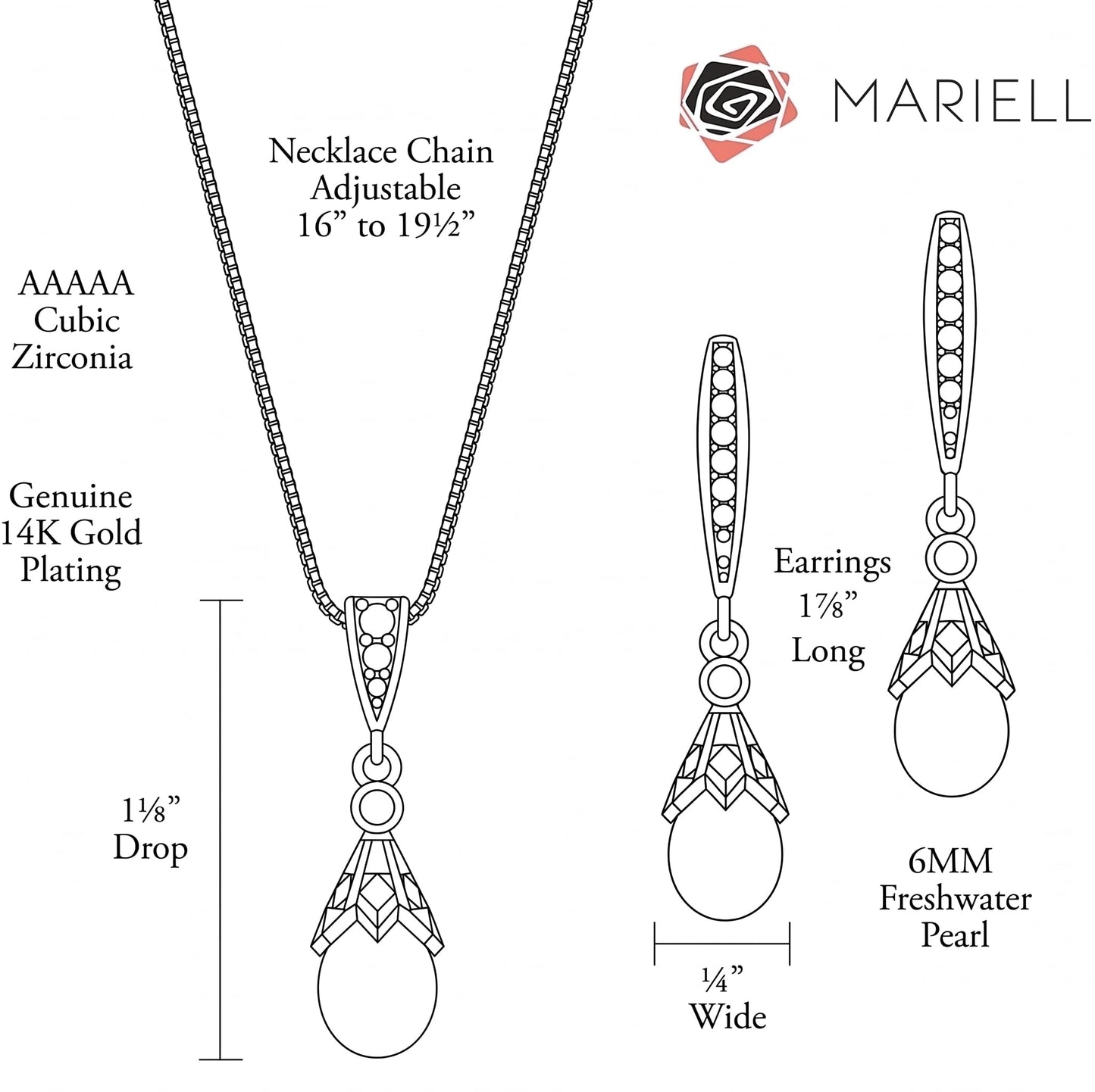 Mariell Wedding Necklace & Earrings CZ Jewelry Set with Dainty Freshwater Pearl for Bridesmaids & Brides