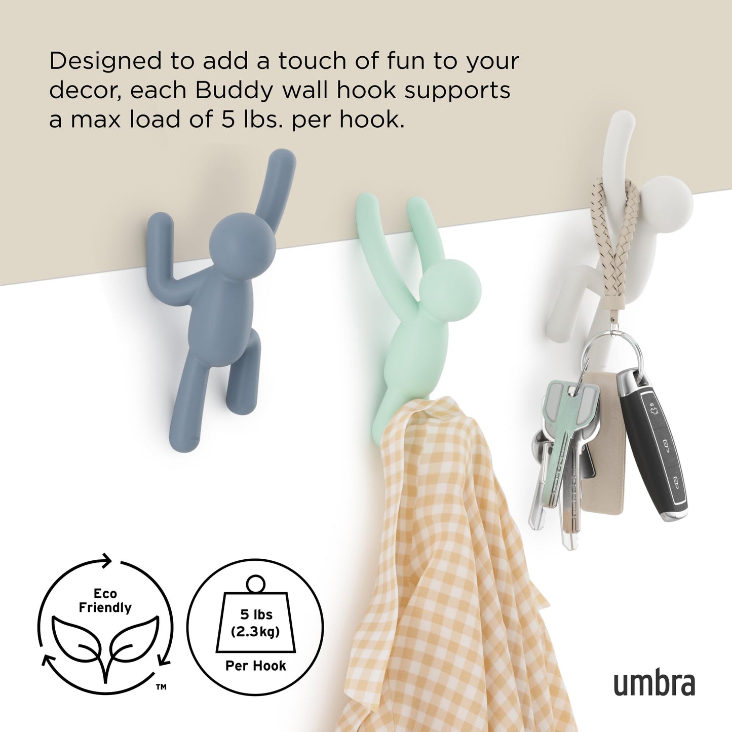 Umbra Buddy Wall Hooks – Decorative Wall Mounted Coat Hooks for Hanging Coats, Scarves, Bags, Purses, Backpacks, Towels and More, Set of 3, White/Grey/Mint