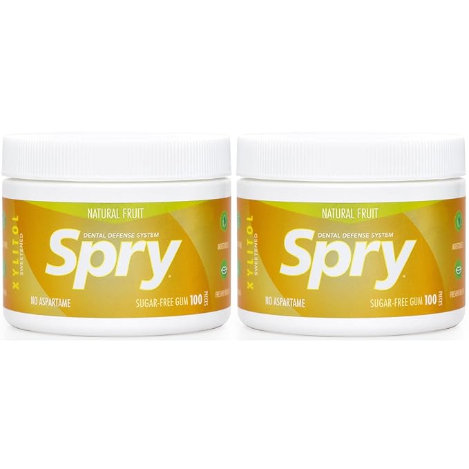 Spry Fresh Natural Xylitol Chewing Gum Dental Defense System - Aspartame-Free, Sugar-Free, Non-GMO, Gluten-Free (Fresh Fruit, 100 Count - Pack of 2)