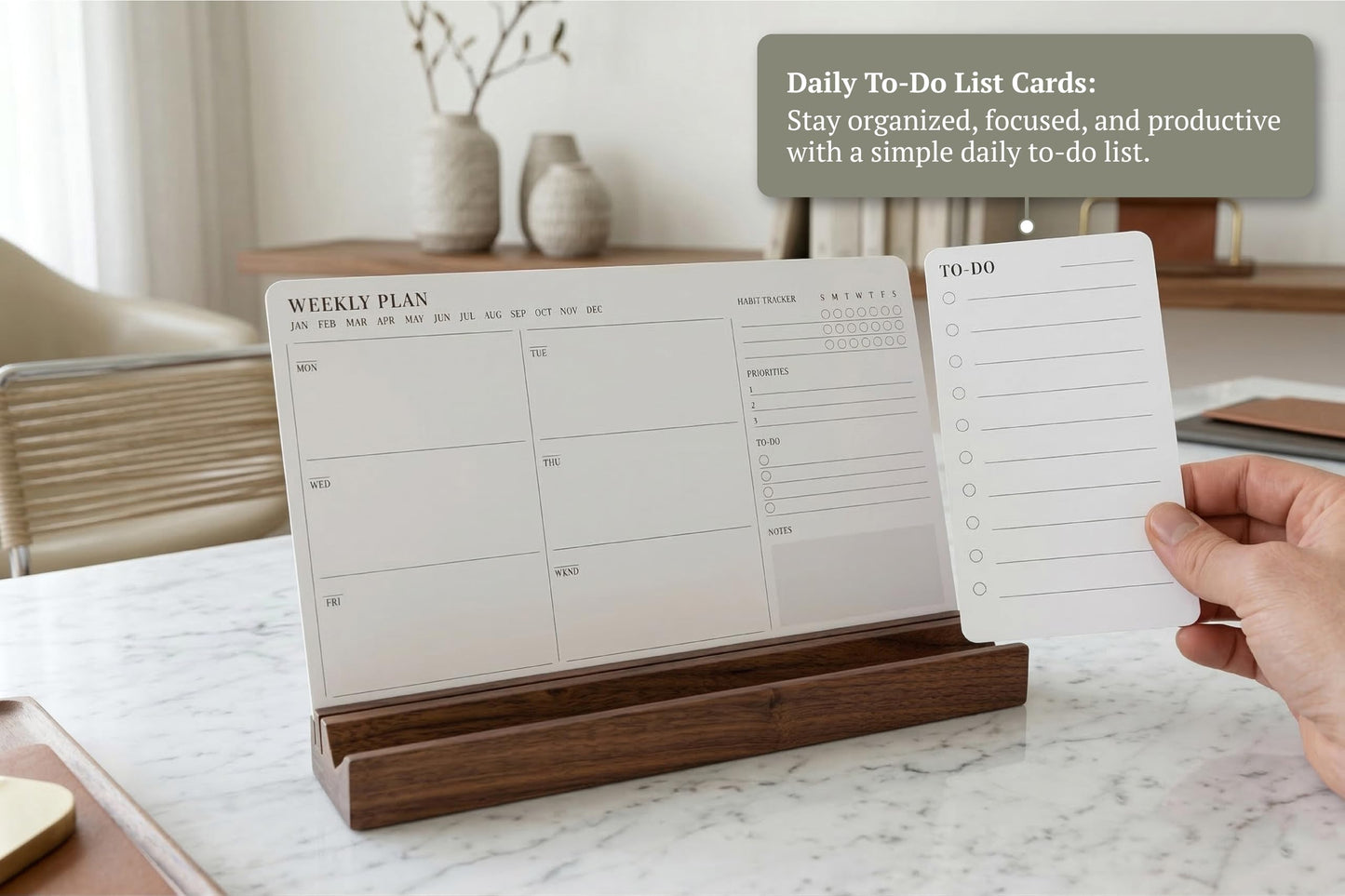 Minimalist Weekly Planner Desk Set – Solid Black Walnut Stand with Pen Tray, Double-Sided Planner & To-Do Cards (Walnut Stand and Planner Cards)