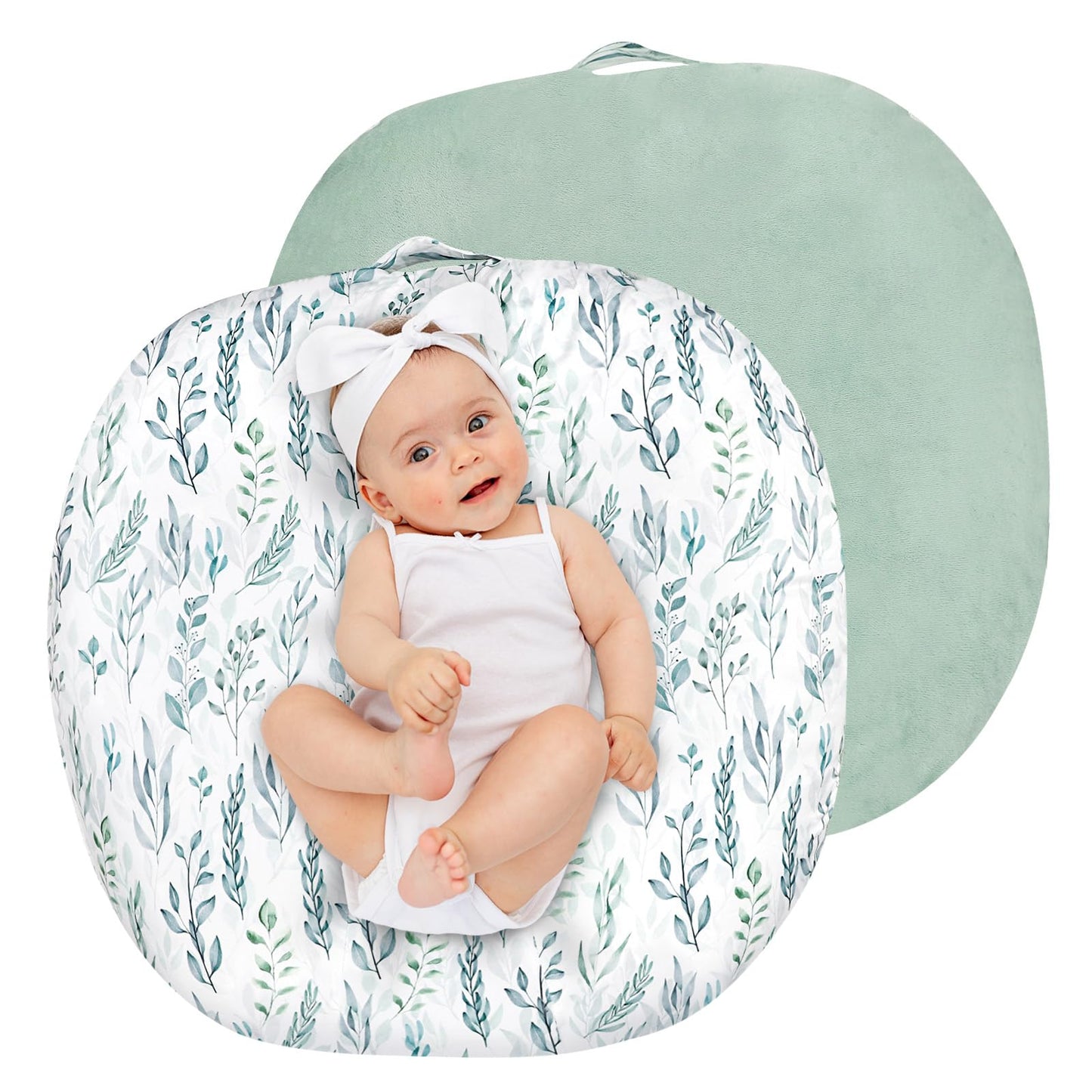 Newborn Lounger Cover, Soft Comfortable Baby Lounger Cover, 1 Pack Reversible Removable Slipover for Infant Lounger Pillow, Green Leaf (Lounger not Included)