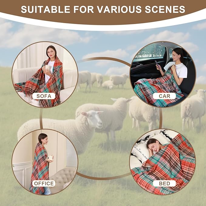 Throw Blanket Plaid with Carry Bag | Soft Wool Travel Blanket 55"x83" 1.5lbs | Fine Red and Blue Stripes Decorative Throw for Couch, Camping & Gift