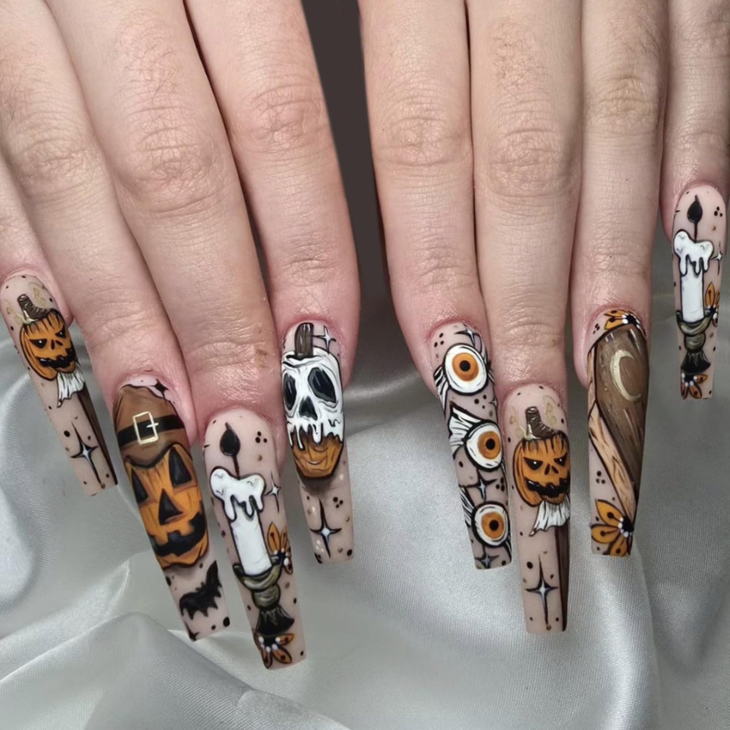 IMSOHOT Press on Nails Long Coffin Fake Nails Matte Nude False Nails with Pumpkin Skull Designs Acrylic Ballerina Glue Stick on Nails for Women 24Pcs