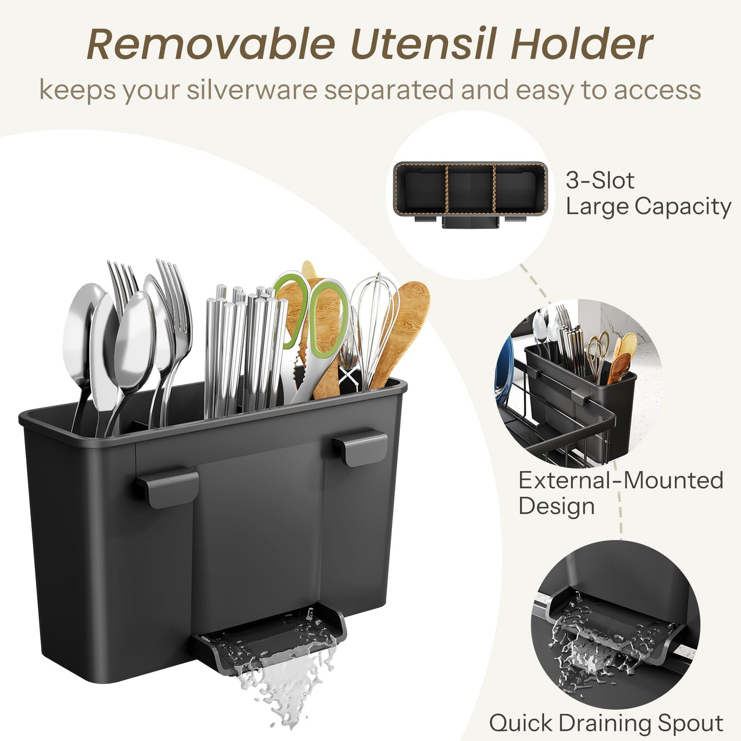 SNTD Dish Drying Rack - Space-Saving Dish Rack for Kitchen Counter, Stainless Steel Dish Drainer with Utensil Holder and Drainboard, 11" W x 15" L (Black)