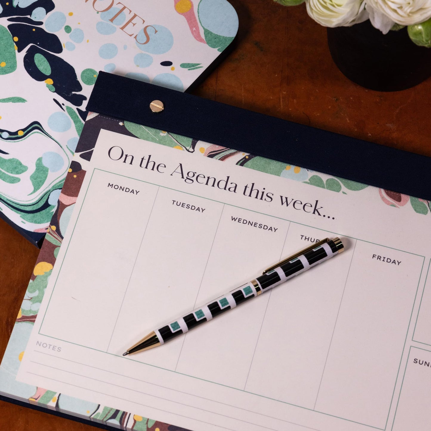 Amélin Archive 8" x 11" Weekly Desktop Planner with 55 Perforated Sheets, Navy Bookcloth Header & Back, Gold Post Binding, Undated Tear-Off Pad with Notes Section (Omega)