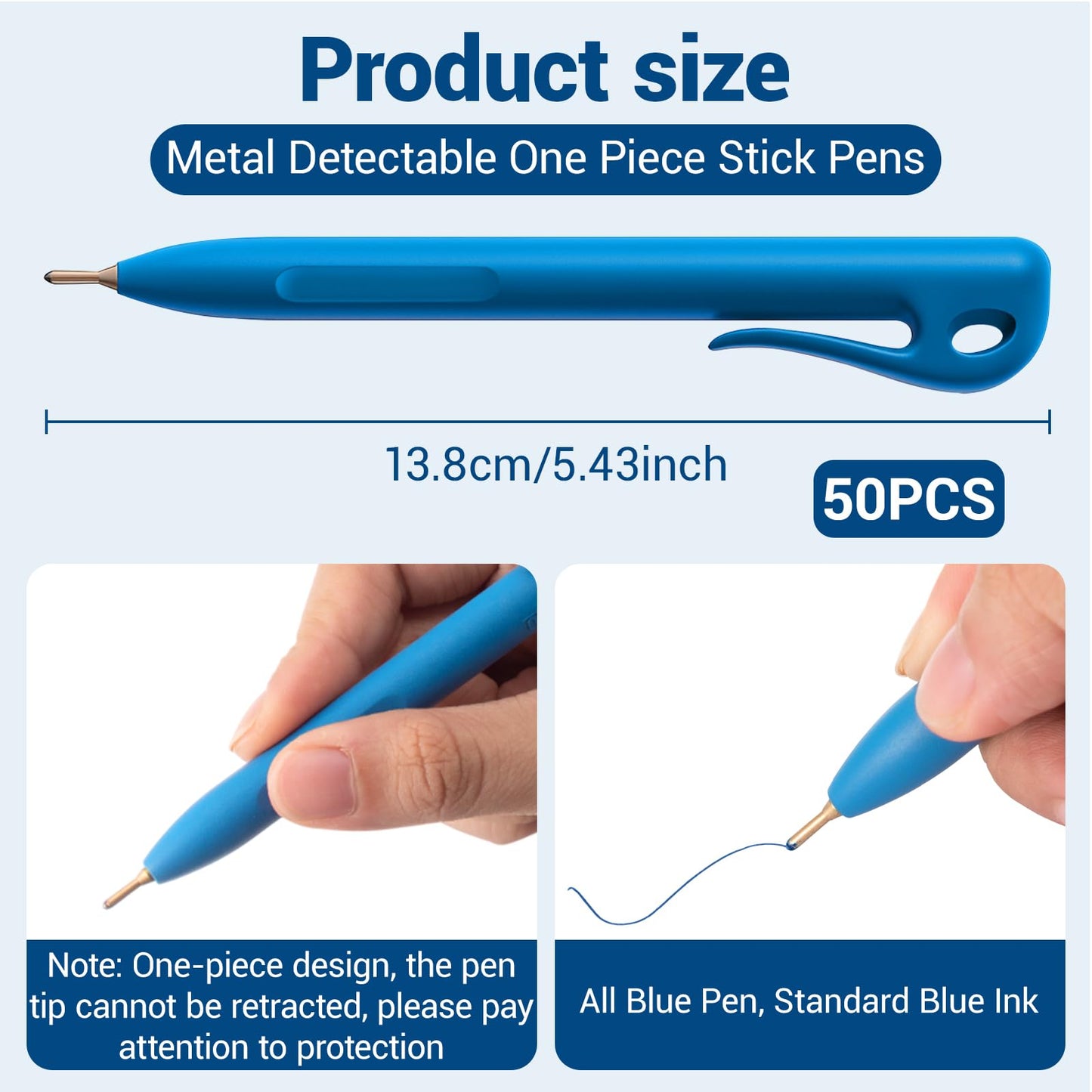 Tenceur 50 Pcs Metal Detectable Pens Standard Blue Ink Pen with Pocket Clip Lanyard Attachment Metal Retractable Ballpoint Bulk for Office Food Production Workshop Writing(Integrated Design)