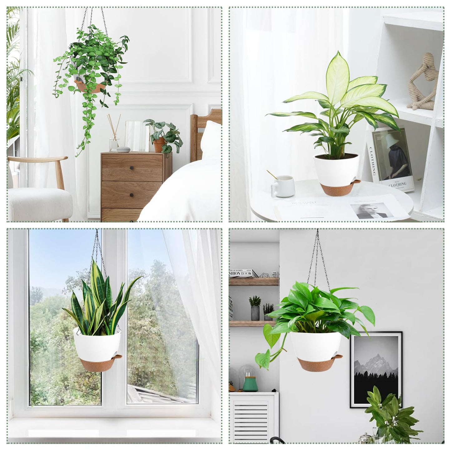 Vanslogreen Hanging Planters for Indoor Outdoor Plants, 2 Pack Self Watering Hanging Pot with Drainage Holes & Removable Tray (White, 6'')