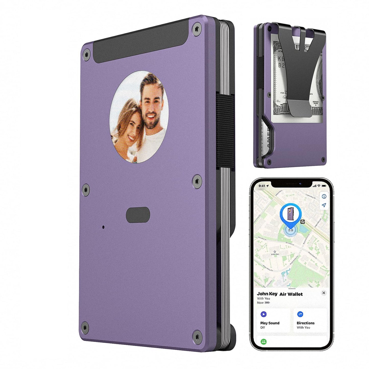 Anti-lost bluetooth wallet tracker, mens money clip, Trackable metal Wallet (IOS Only) with Customized Electronic photo/Text information, Slim RFID Credit Card Holder build-in Find My Tracker