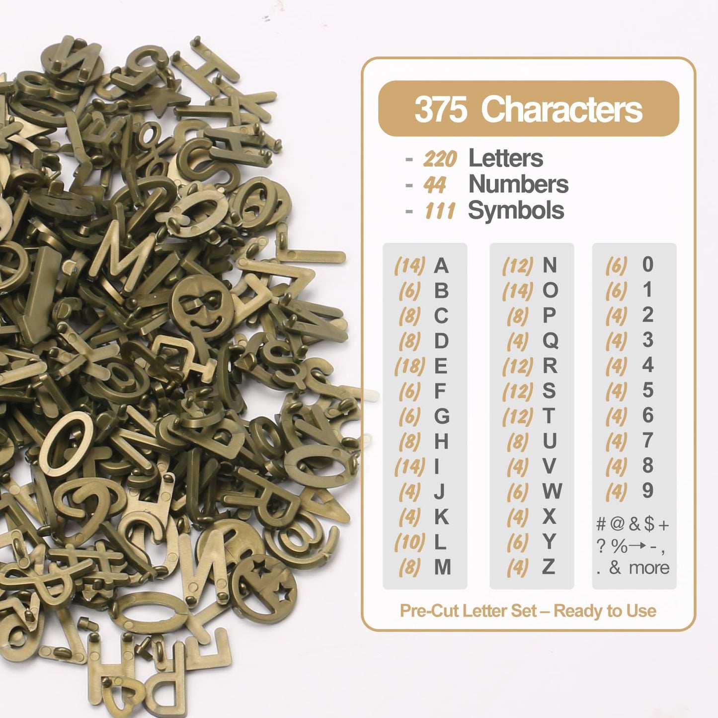 Antique Gold Letters for Letter Board Letters Only, 3/4 inch Message Board Letters for Felt Letter Board Signs (375 pcs) 0.75” Pre Cut Plastic Letterboard Letters Numbers Changeable Menu Board Symbols