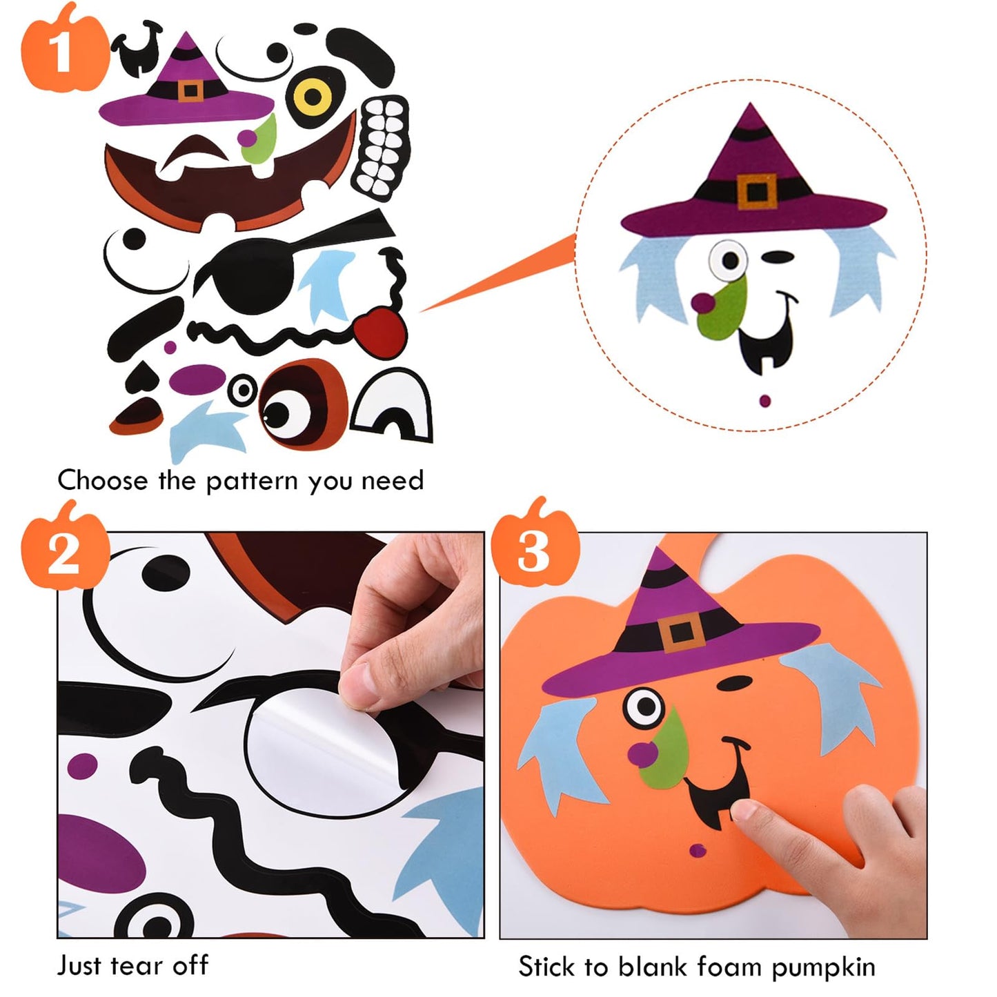 Sumind 32 Pieces Halloween Foam Pumpkin Craft Kit and Pumpkin Foam Stickers Self Adhesive Stickers for DIY Crafts Fall Halloween Party Decorations(Cute Style)