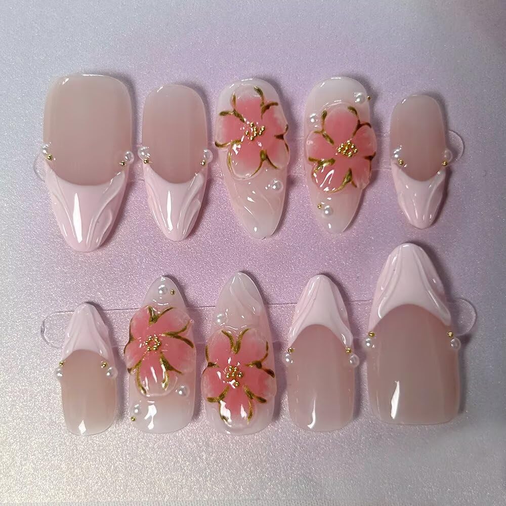 Handmade 10 Pcs Almond Press On Nails，French Pink Gel Fake Nails, Long Lasting Reusable False Nails for Women, Easy Application Salon Manicure Designs (Size S)