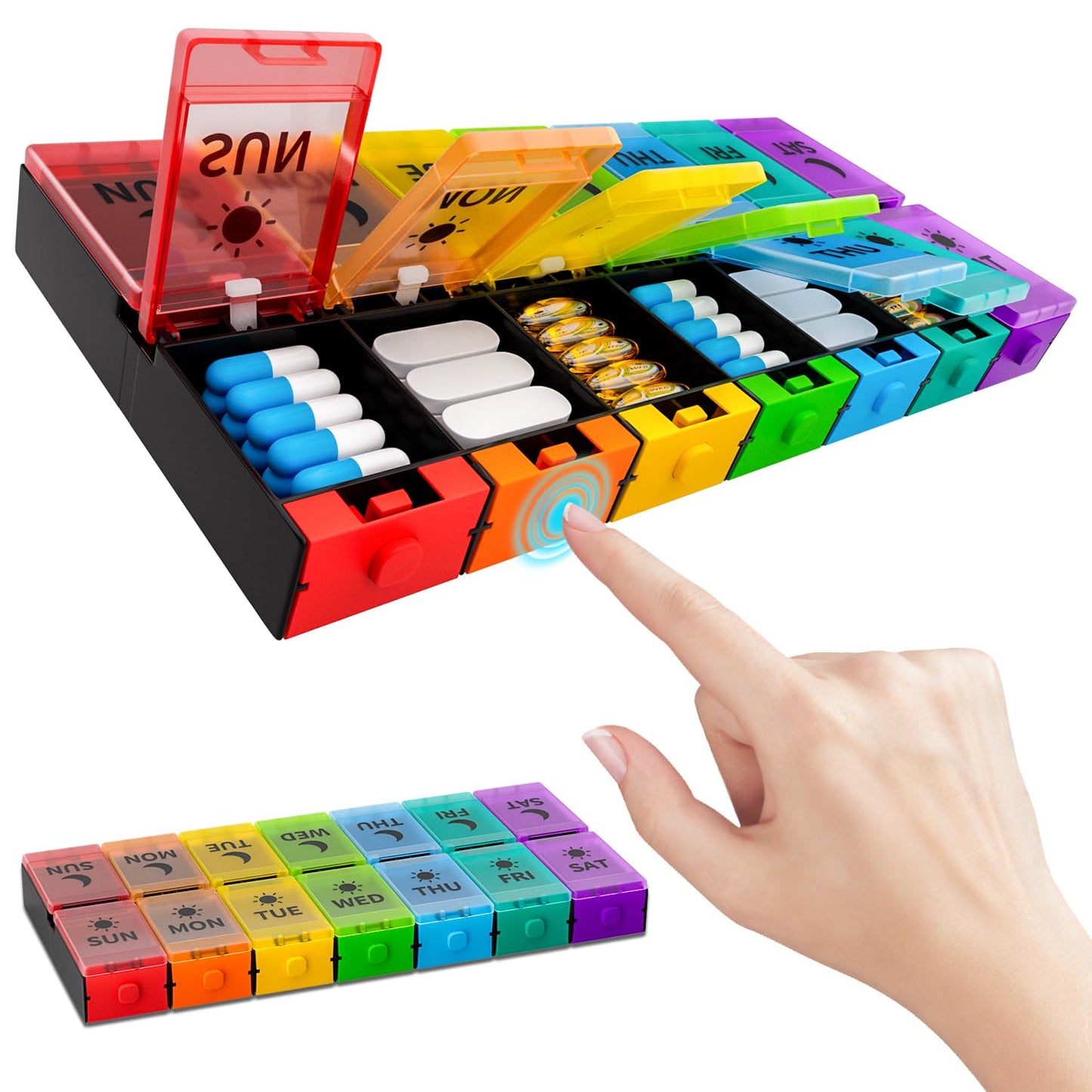 Push Button Weekly Pill Organizer 2 Times a Day, Medicine Pill Organizer, Pill Box Case 7 Day AM PM, Pill Container for Vitamins, Fish Oil, Supplements Medication (Colorful)