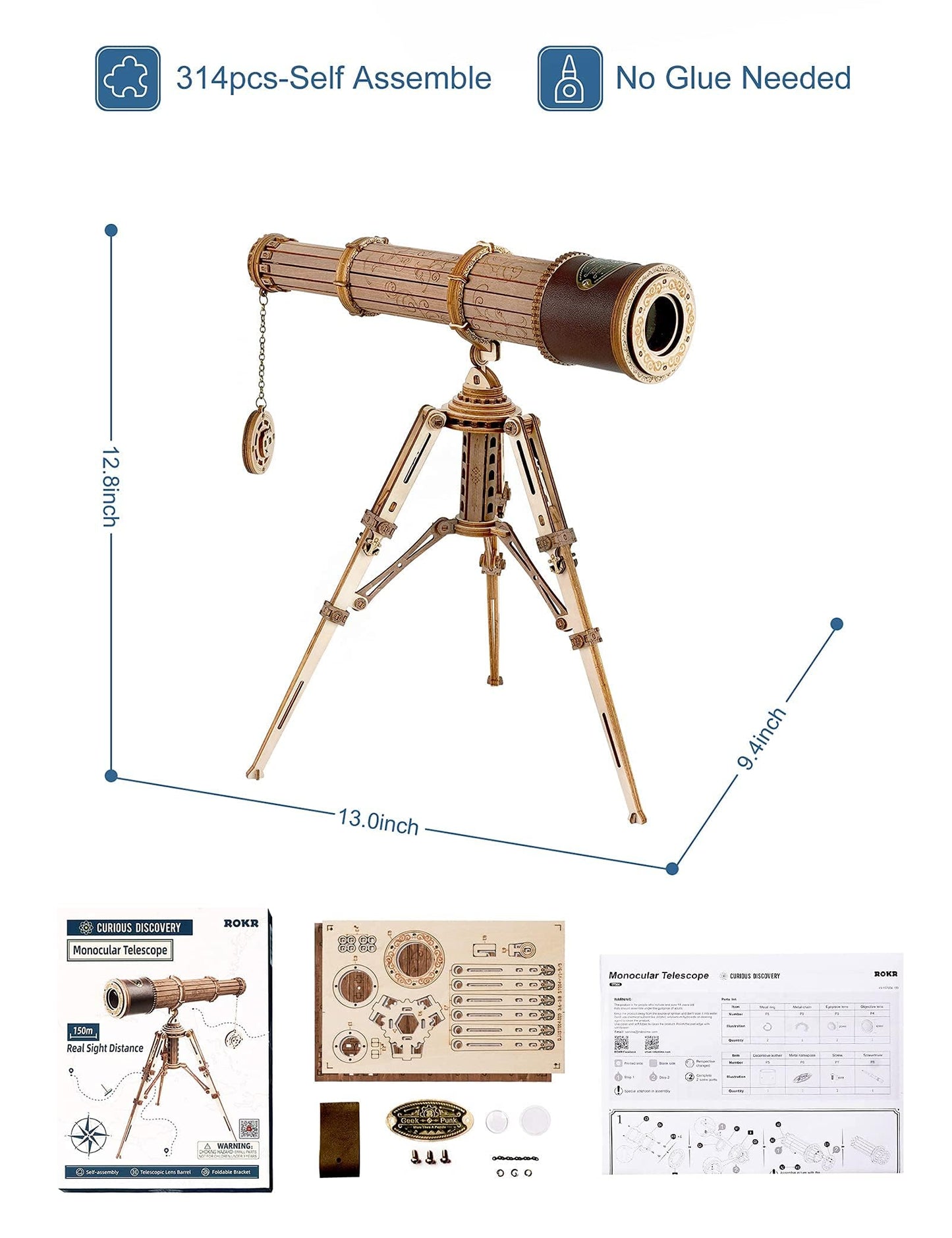 ROKR 3D Puzzles for Adults Wooden Telescope Building Model Kit with Tripod for Adults -3X Magnification Science Kit Gifts for Adult