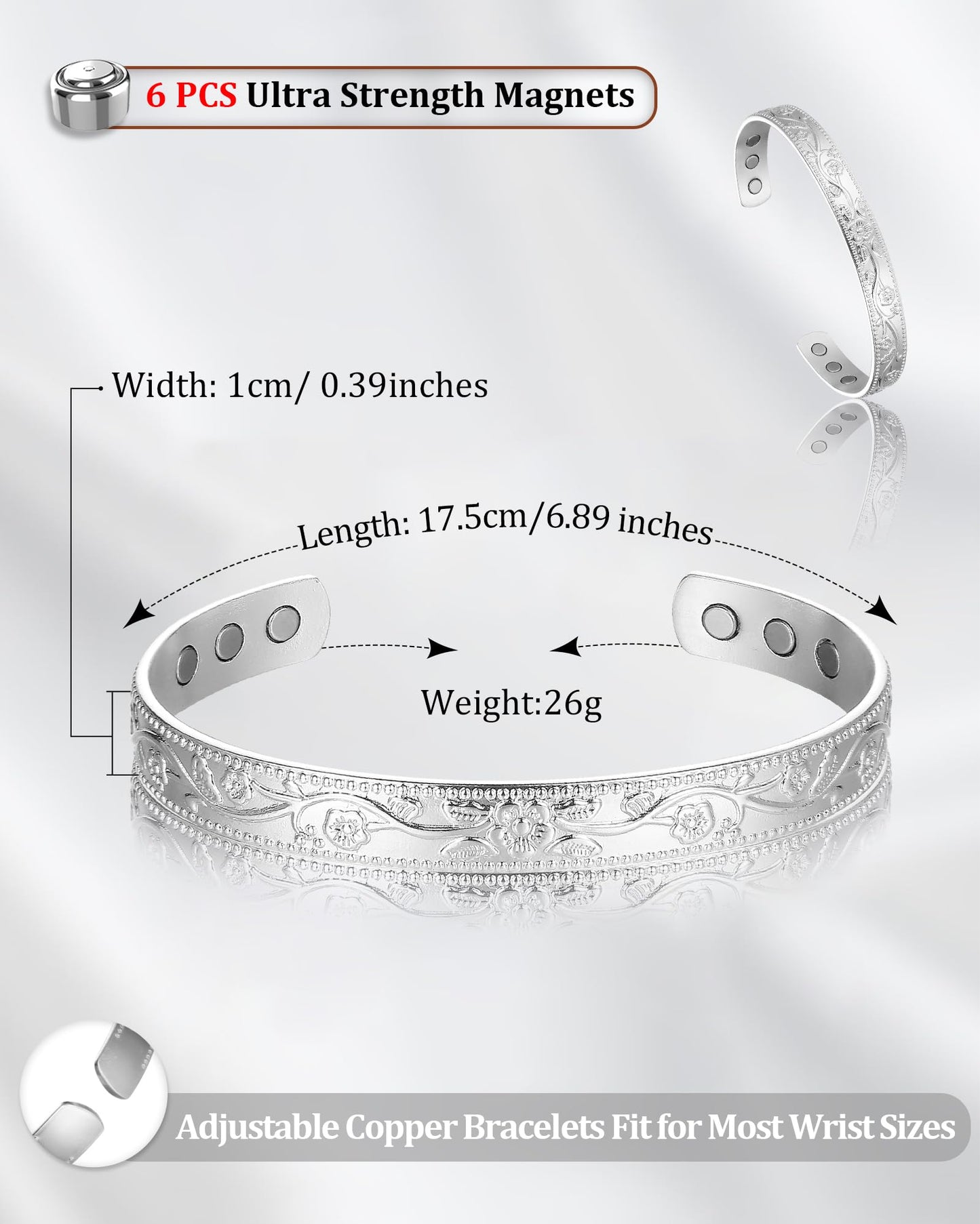 BioMag 2 Pcs Magnetic Copper Bracelet for Women, 99.99% Pure Copper Cuff Bangle with 6 Pcs 3500 Gauss Magnets, Adjustable Size, Floral Vine Design