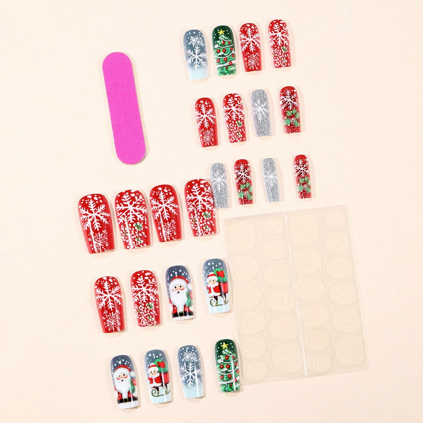 Christmas Press on Nail Long Coffin Fake Nails with designs Acrylic Stick on Nail Snowman Snowflake Christmas Tree designs Holiday False Nails White Red Green Glue on Nails for Women Holiday Decor