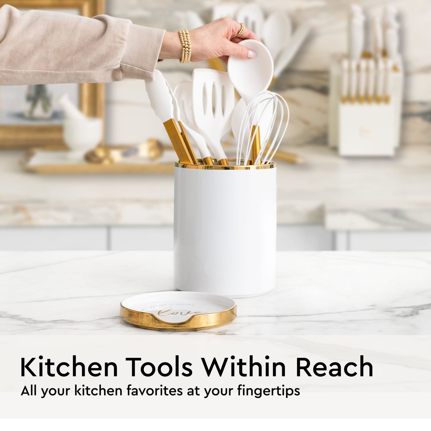 White Utensil Holder with Built-In Ceramic Spoon Rest - 2-Piece Luxe White and Gold Spatula Holder with Gold Spoon Rest for Countertop Organization - Stylish Kitchen Accessory, Utensils Not Included