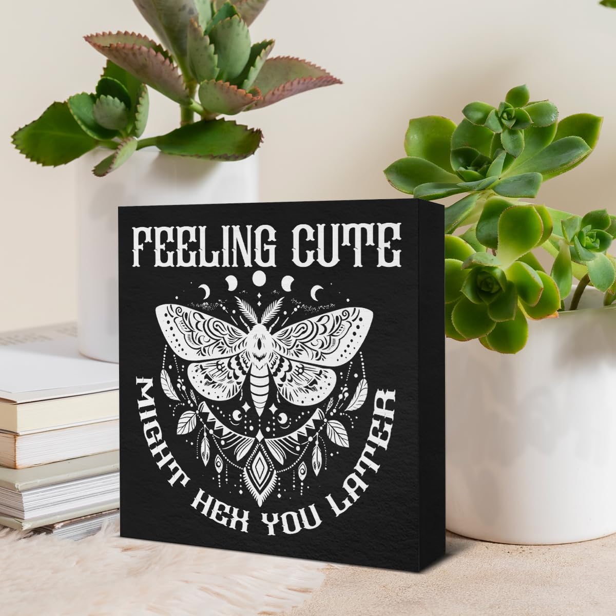 Funny Witch Decor - Witchy Home Decor - Feeling Cute Might Hex You Later Wood Sign Home Bathroom Kitchen Desk Shelf Table Decorations 5×5 Inches