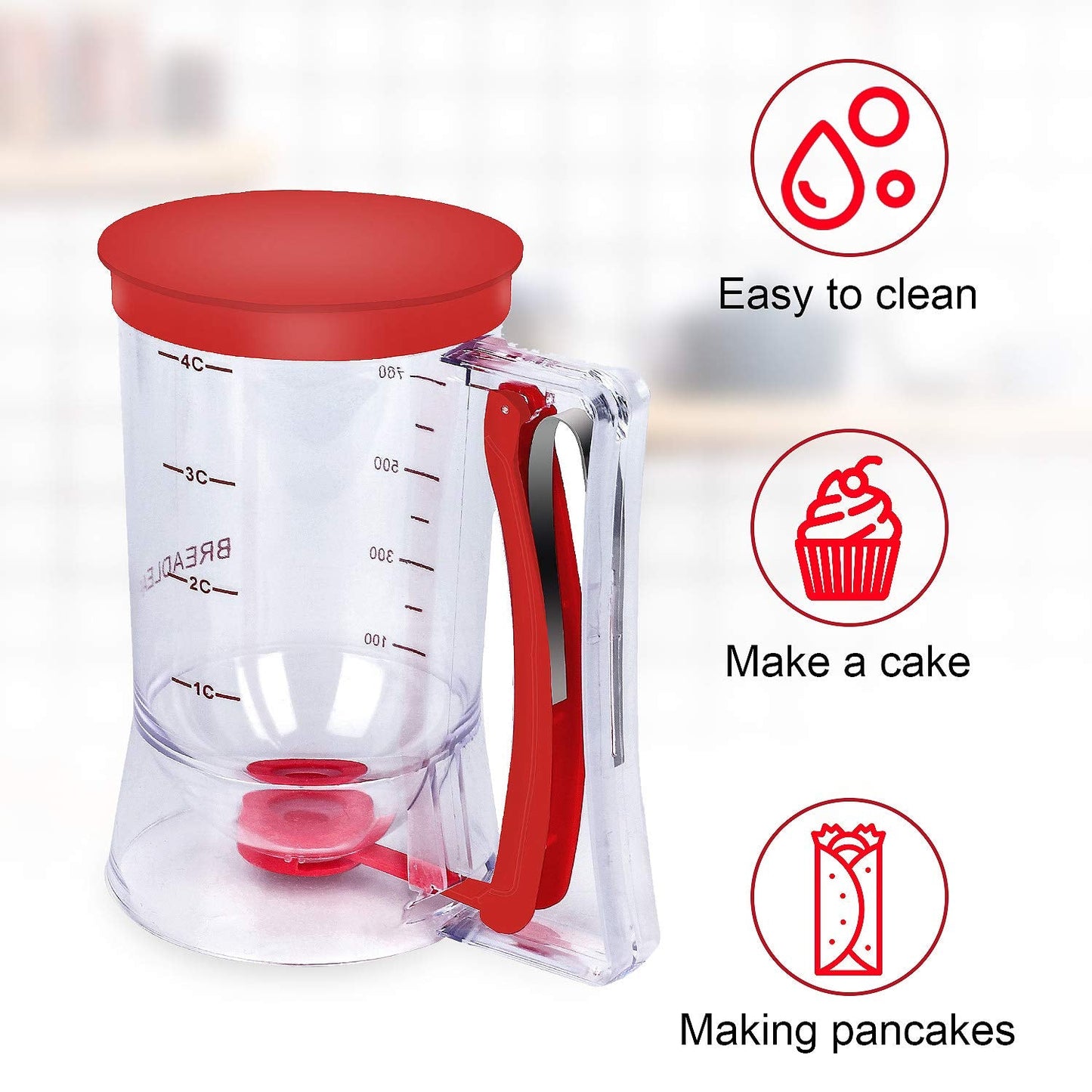 BBSTARZ Pancake Batter Dispenser – 4-Cup Batter Dispenser with Squeeze Handle & Measuring Marks for Pancakes, Waffles, Muffins, Crepes & Cupcakes – Baking Tool(Red)
