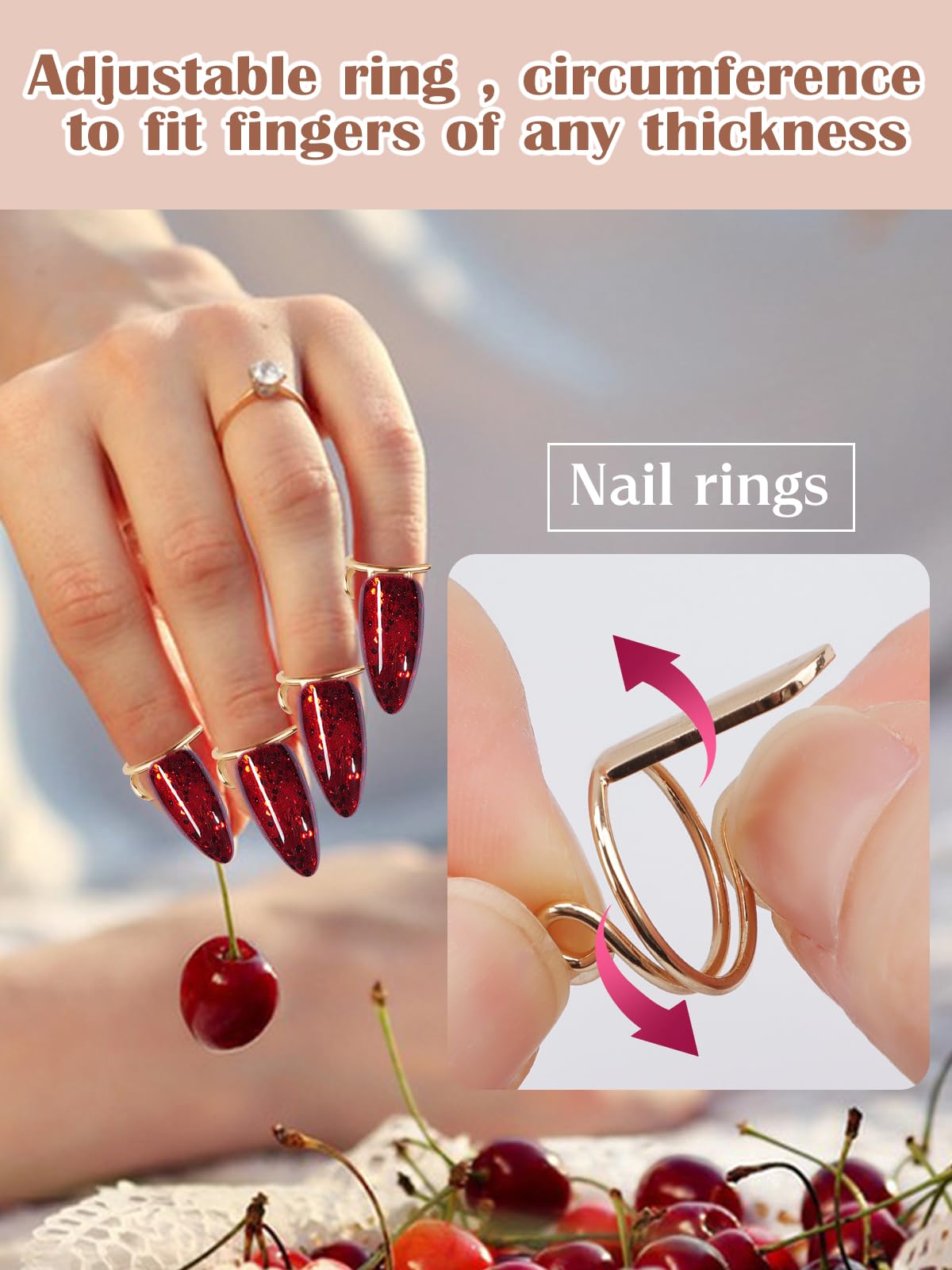 EBANKU 20PCS Wudu Nail Rings, Updated Adjustable Nail Rings Detachable Reusable Women Gift Ring Set with 120PCS Adhesive Nail Tabs for Acrylic Nail Art Decoration Gold