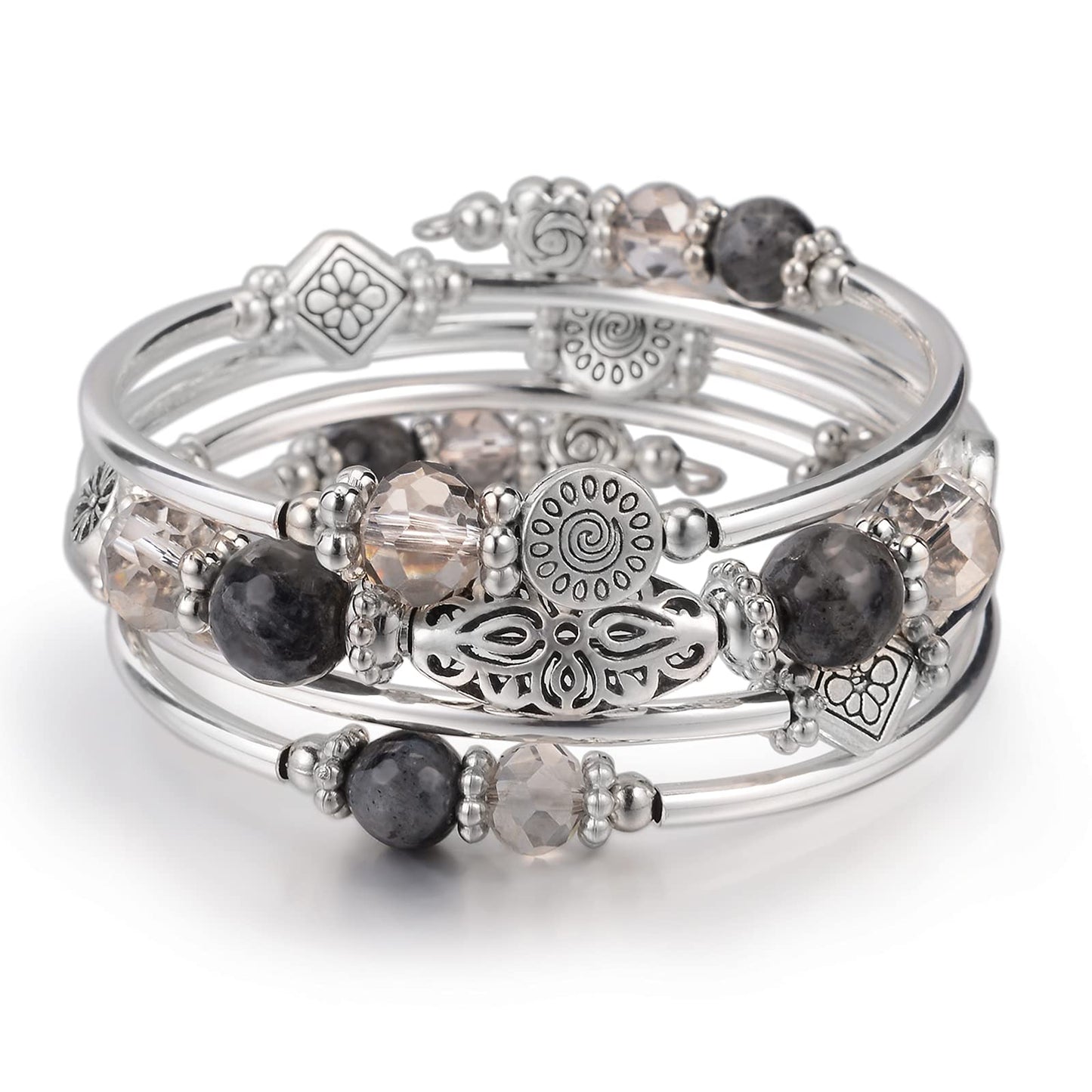 FULU AUTUMN Stackable Beaded Bracelets for Women Boho Wrap Silver Bracelet Layered Fashion Jewelry Gifts for Her(Grey)
