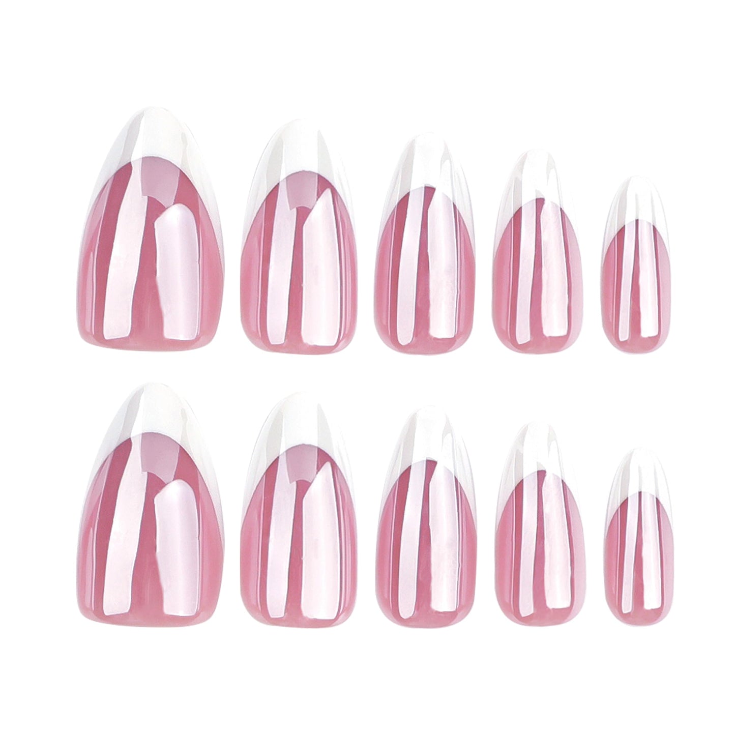 Almond Press-On Nails – 30 Pcs Glossy Chrome, French Tip & Solid Color Nail Set with Glue & Adhesive Tabs | PMMA Coated Reusable False Nails for Women & Teens (Parisian Tip, Medium)