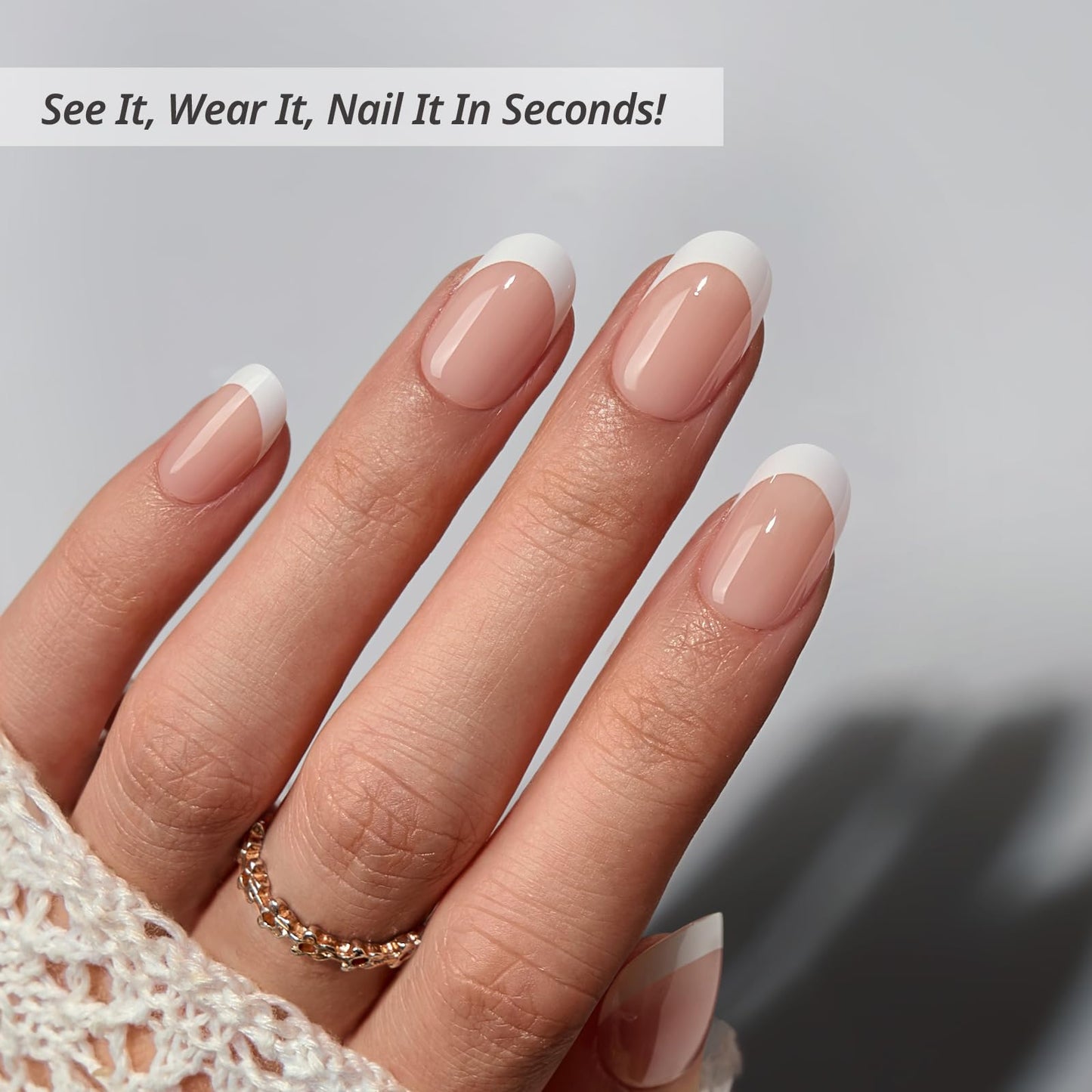 BTArtbox Press On Nails Short - Lamp-Curable Oval White French Tips Press On Nails with Glue for Women, Semi-Transparent Soft Gel Glue On Nails in 15 Sizes - 30 Stick On Nails Kit, Chic Twins