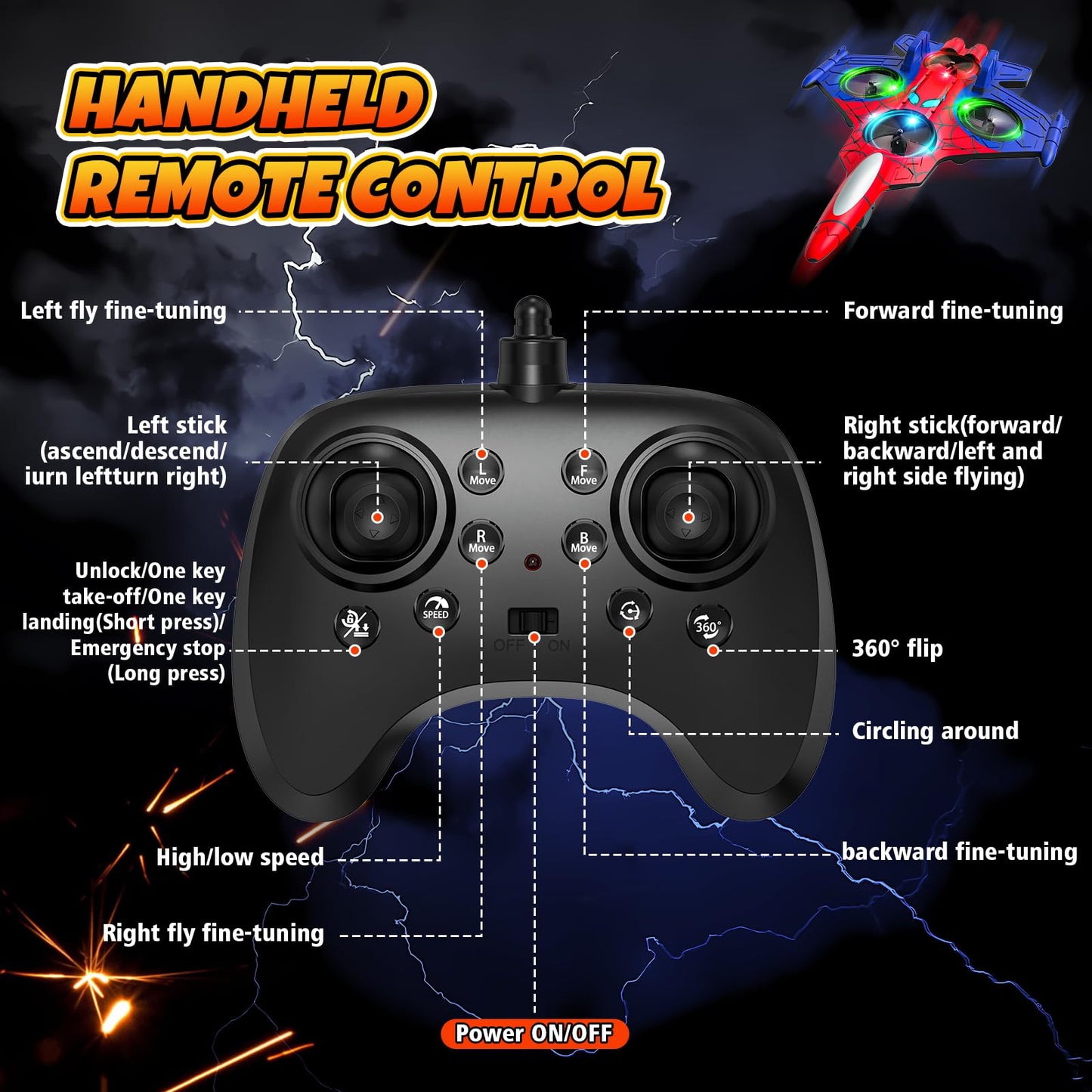 Motivekit Spider Mini Drone, Foam Remote Control Airplane for Kids, 2.4GHz RC Jet with LED Lights, 360° Stunt Flips and Rolls, Easy to Fly Toy Plane Gift for 8 9 10 12+ Year Old Boys Girls