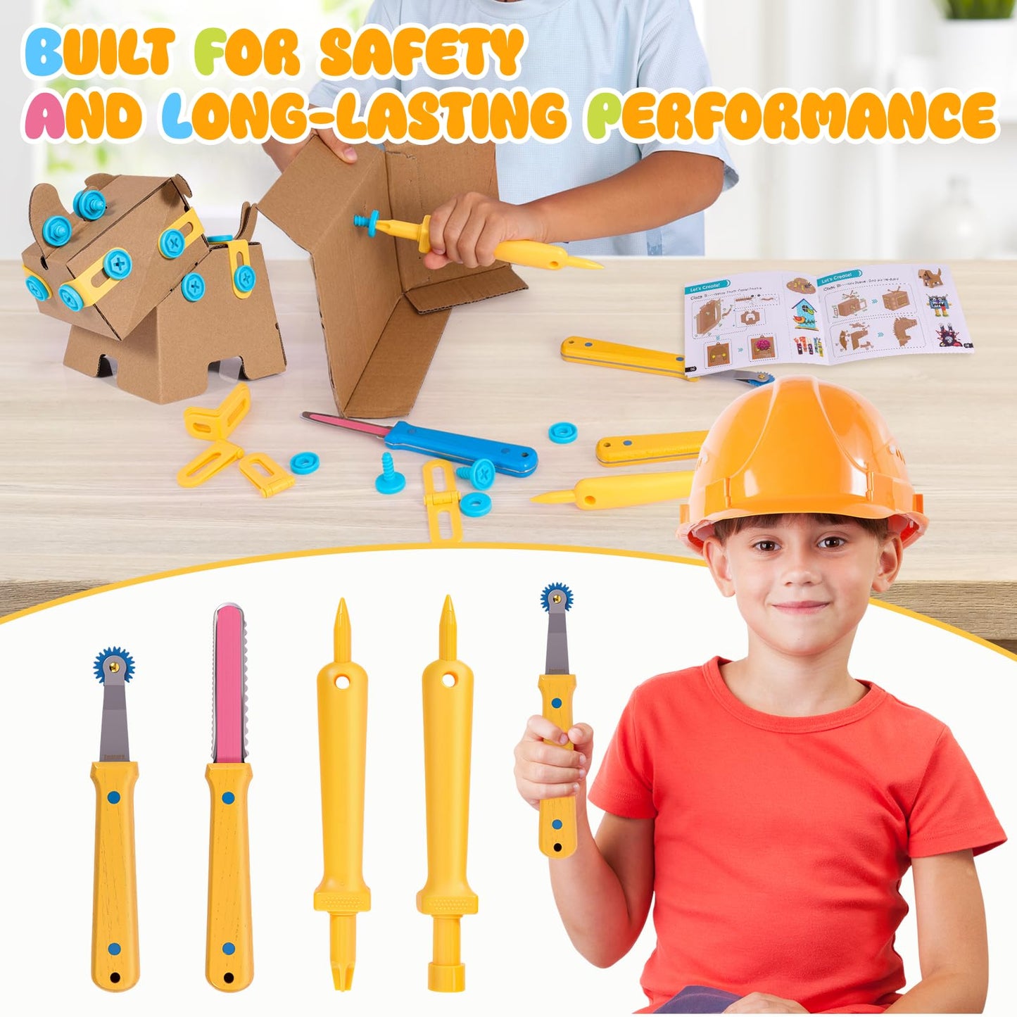Zentara Kids Cardboard Tool Set, 232-Piece STEM Building Kit with Safe Wooden Cutter, Reusable Bolts & Nuts, Hinges, and Eco Gift Box