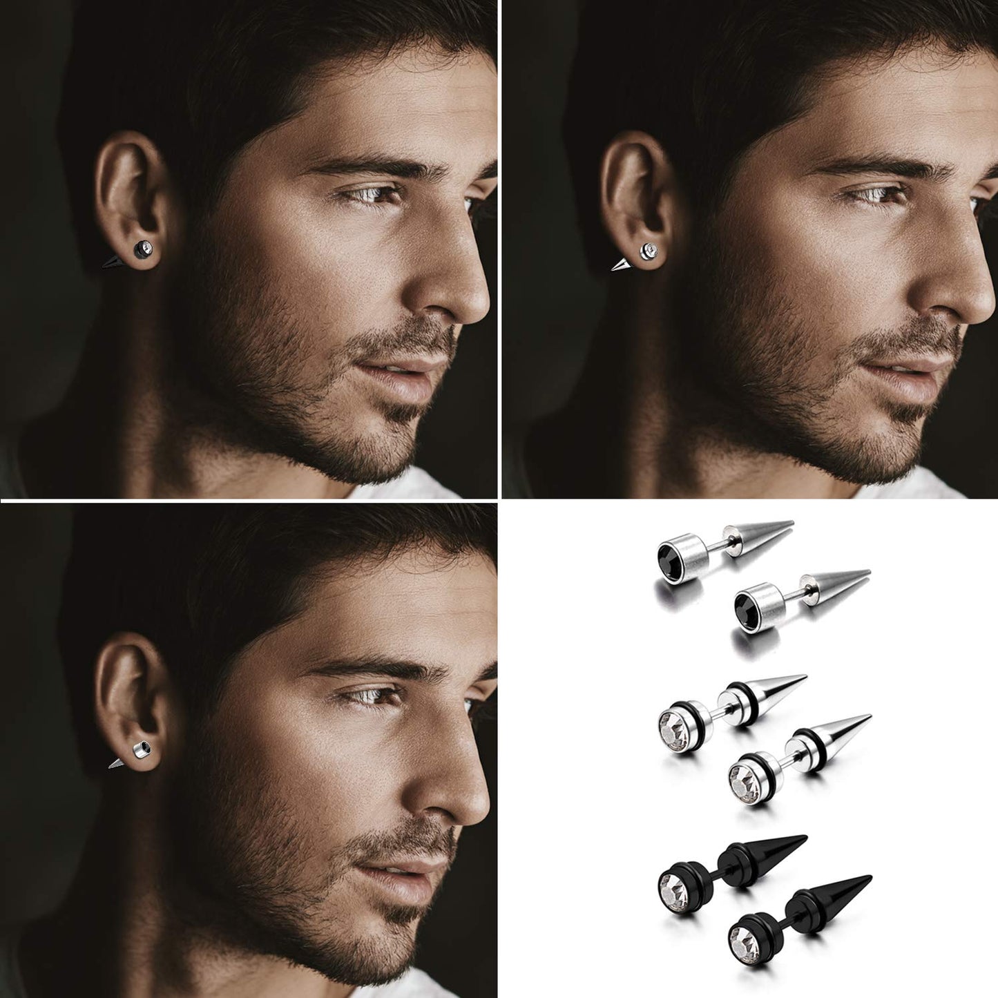 Aroncent 3Pairs Men's Stainless Steel Fake Illusion Tunnel Cheater Piercing Jewelry Stud Earrings Set