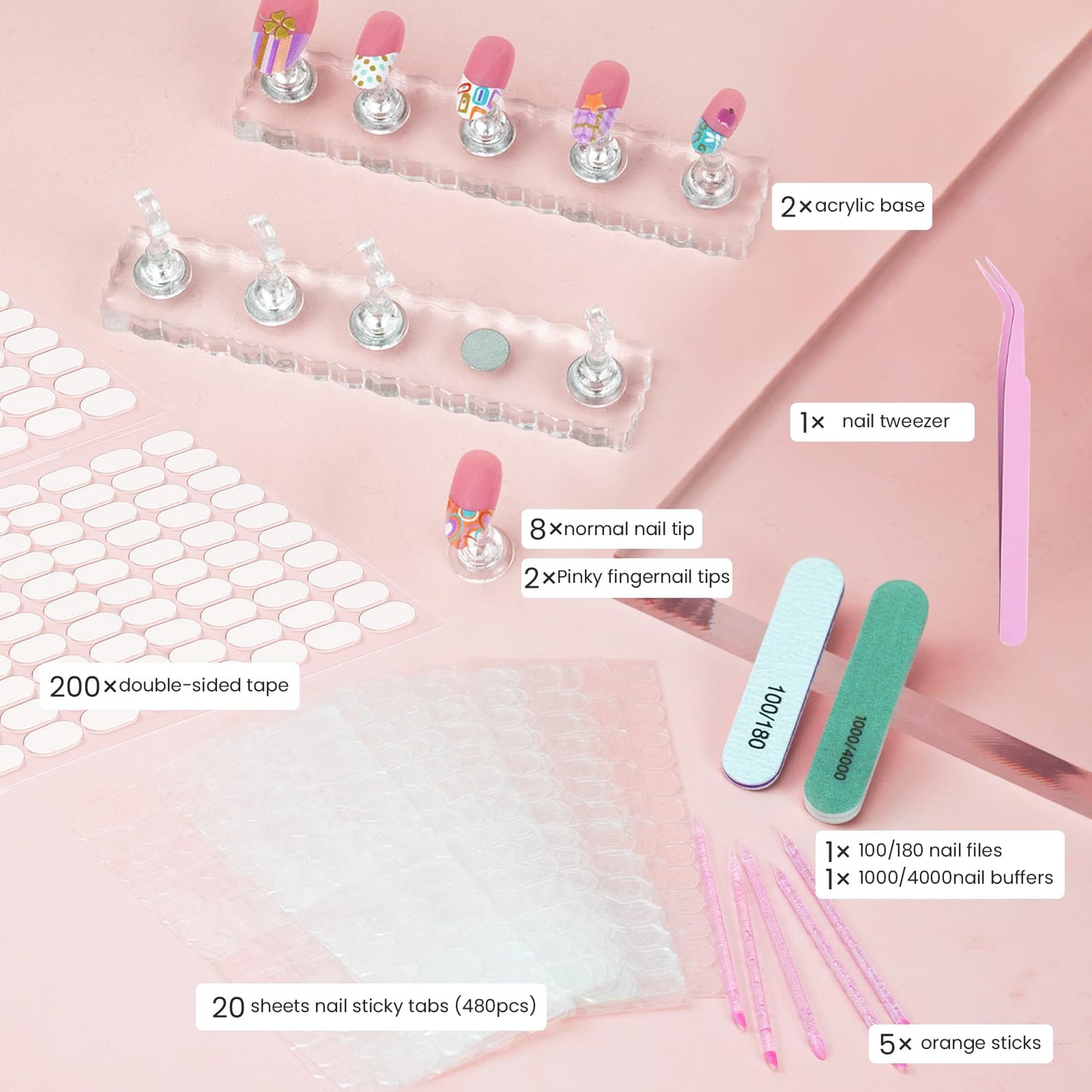 ESUOHYM Nail Stand with 480 Pcs Nails Sticky Tabs for Press On Display Practice Magnetic Fake Nail Holder for Painting,20 Sheets Nail AdhesiveTabs,Double-Sided Tape,Press On Nail kit Salon Home