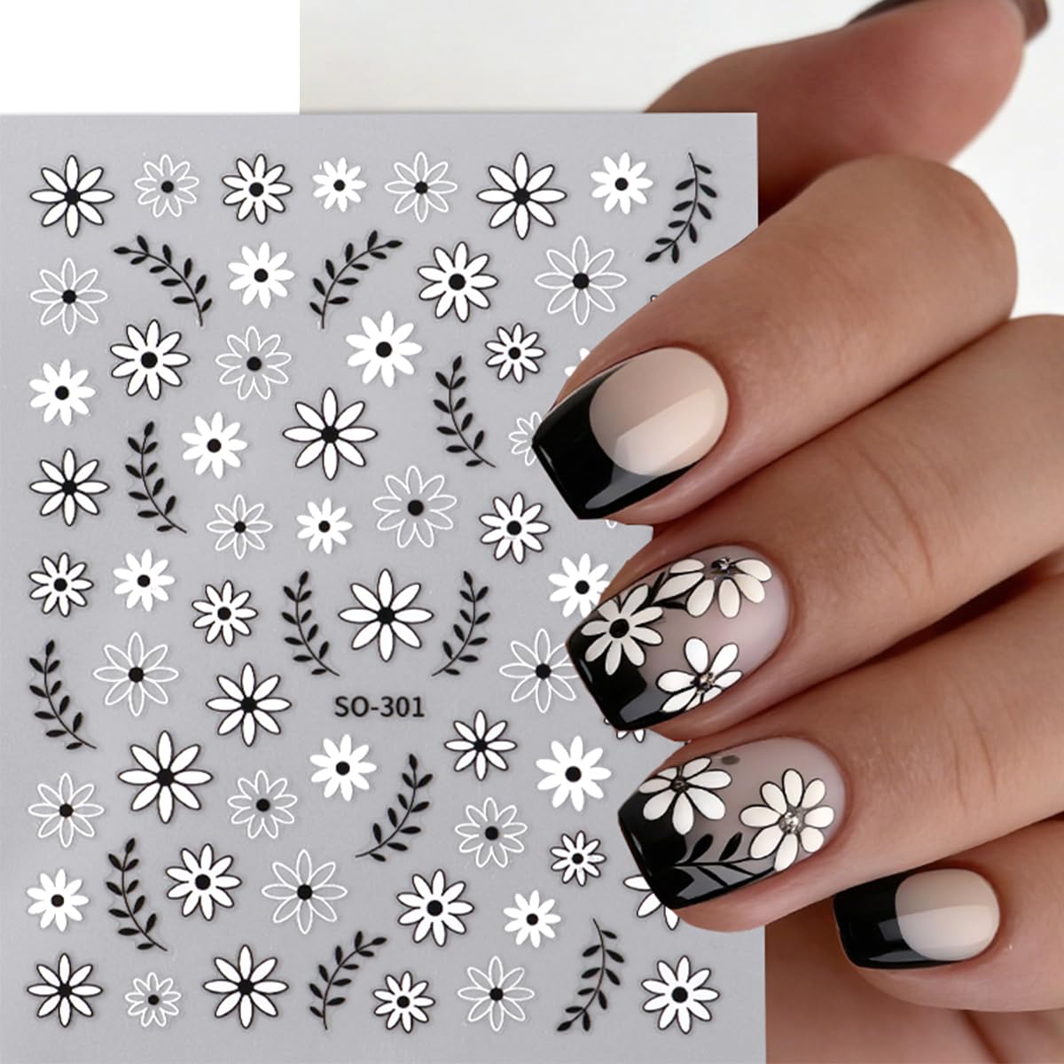 Black White Daisy Flowers Nail Stickers 3D Self Adhesive Purple Floral Nail Art Stickers Spring Cute Little Daisy Flower Nail Decals for Women Spring Summer DIY Nail Decor (6 Sheets)