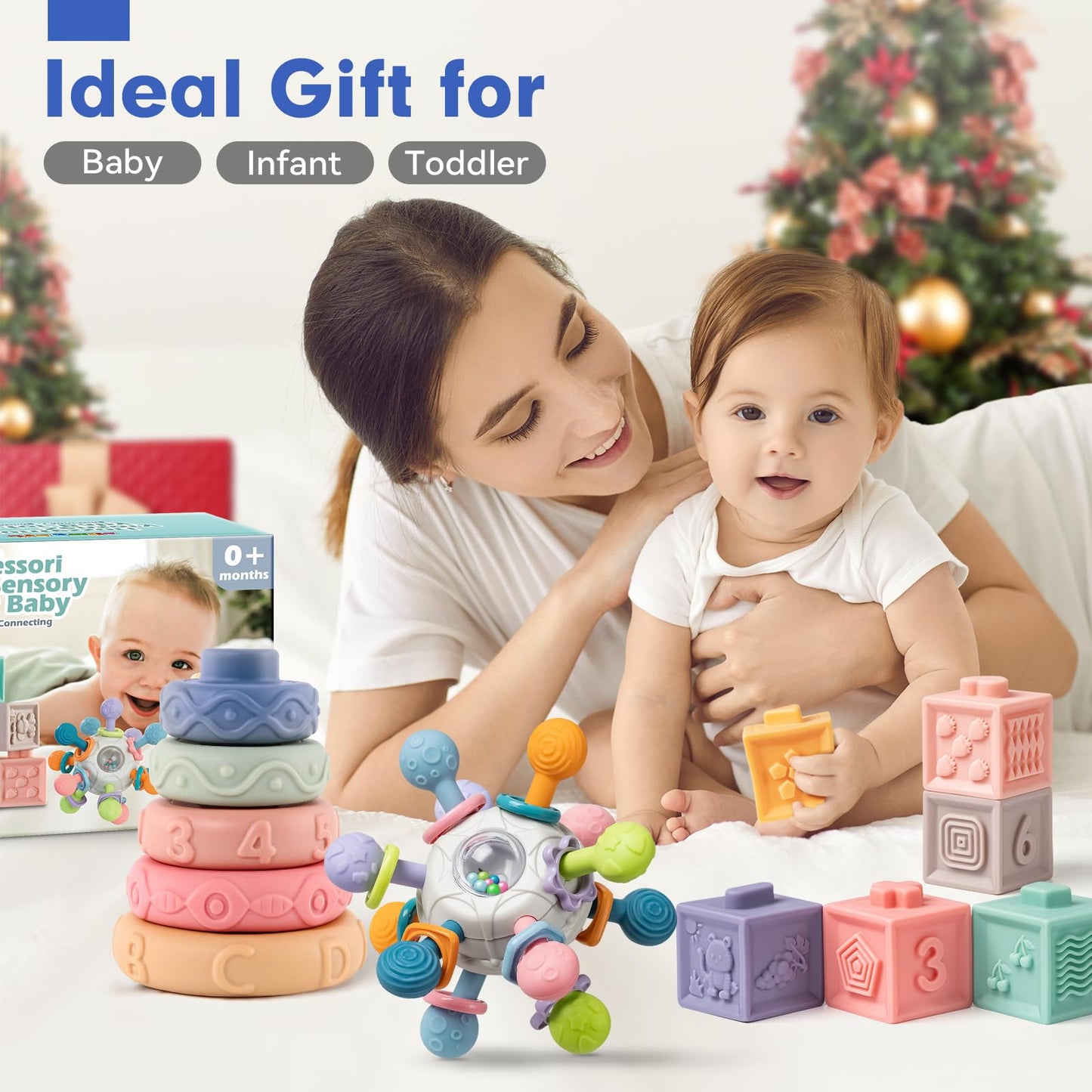SpringFlower 3 in 1 Montessori Toys for Babies 0-3-6-12 Months, Rattle Teether & Baby Blocks & Soft Stacking Rings, Sensory Developmental Education Toys,Gift for Toddler Baby 0-3-6-12-18 Months