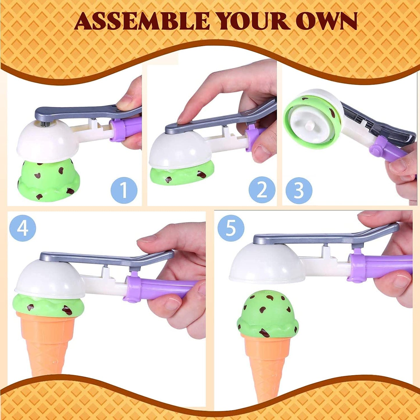 Kids Ice Cream Toy Set - Pretend Play Sweet Treats Ice Cream Parlour Dessert Accessories Playset with Cone and Scoop for Toddler Imaginary Play